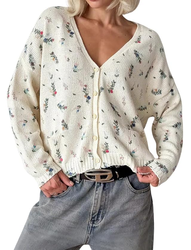 chouyatou Womens Cute Ditsy Floral Embroidered Cardigan Sweater V-Neck Button Down Knit Jacket Tops