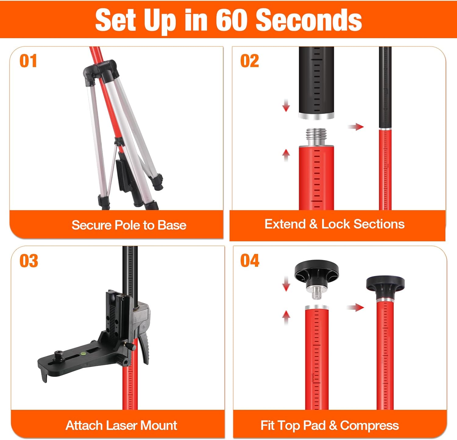 12Ft Telescoping Laser Level Pole with Tripod - Adjustable Laser Stand with Dual Thread Adapter (1/4"-20 & 5/8"-11) for Rotary and Line Lasers, Includes Carrying Case & Bubble Level(Black&Red)