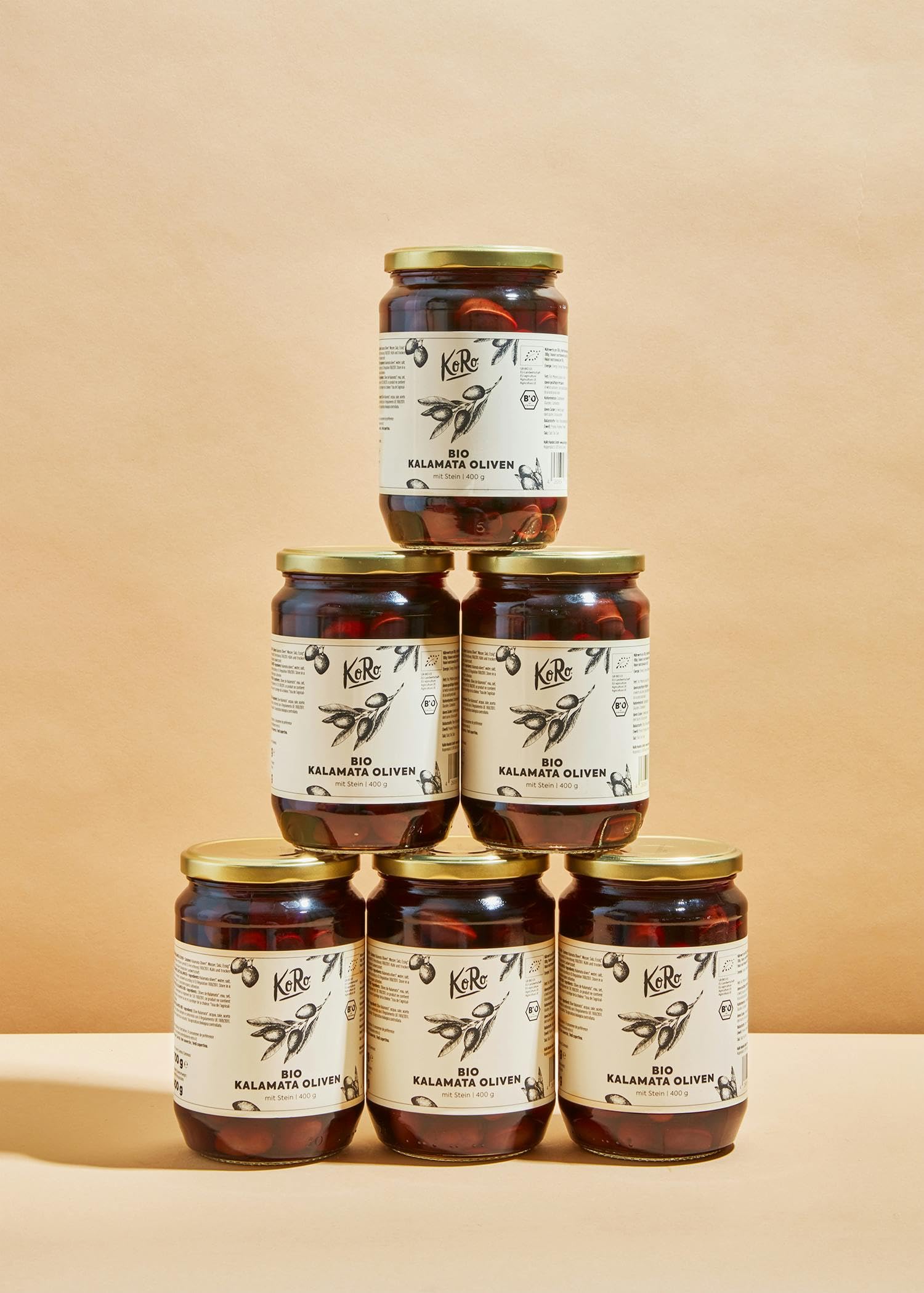 KoRo - Olives Kalamata Bio avec noyau 6 x 400 g - aromatique unique - olives naturelles en saumure - provenance Grèce