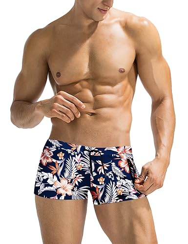COOFANDY Mens Swim Trunks Swimwear Bathing Suit Swim Brief Square Leg Board Short S-3XL - 1 - Navy Blue Flower - Large