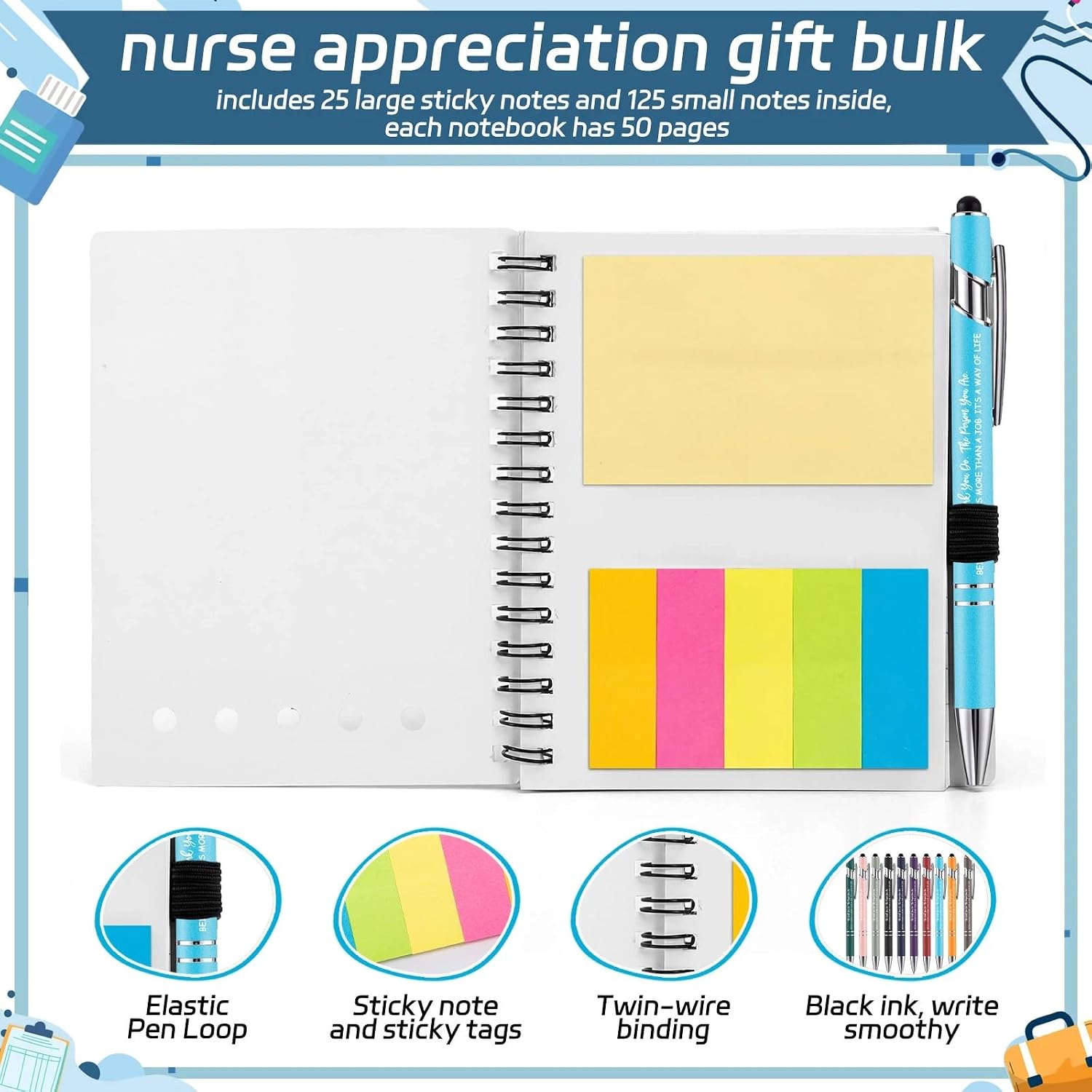Colarr 10 Sets Nurse Week Appreciation Gift Bulk Employee Inspirational Spiral Notebooks with Sticky Note Notepad Ballpoint Pen Thank You Gifts Team Medical Motivational Journal for Staff(Stylish)