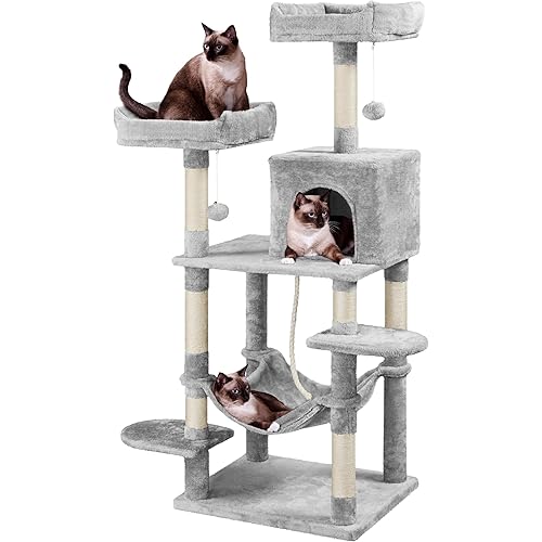 Yaheetech 59in Cat Tree for Multiple Cats, Multi-Level Activity Tower w/Hammock, Condo, Perches, Extended Platforms for Climbing & Jumping –Heavy Duty Cat Tower w/Scratching Posts & Dangling Balls