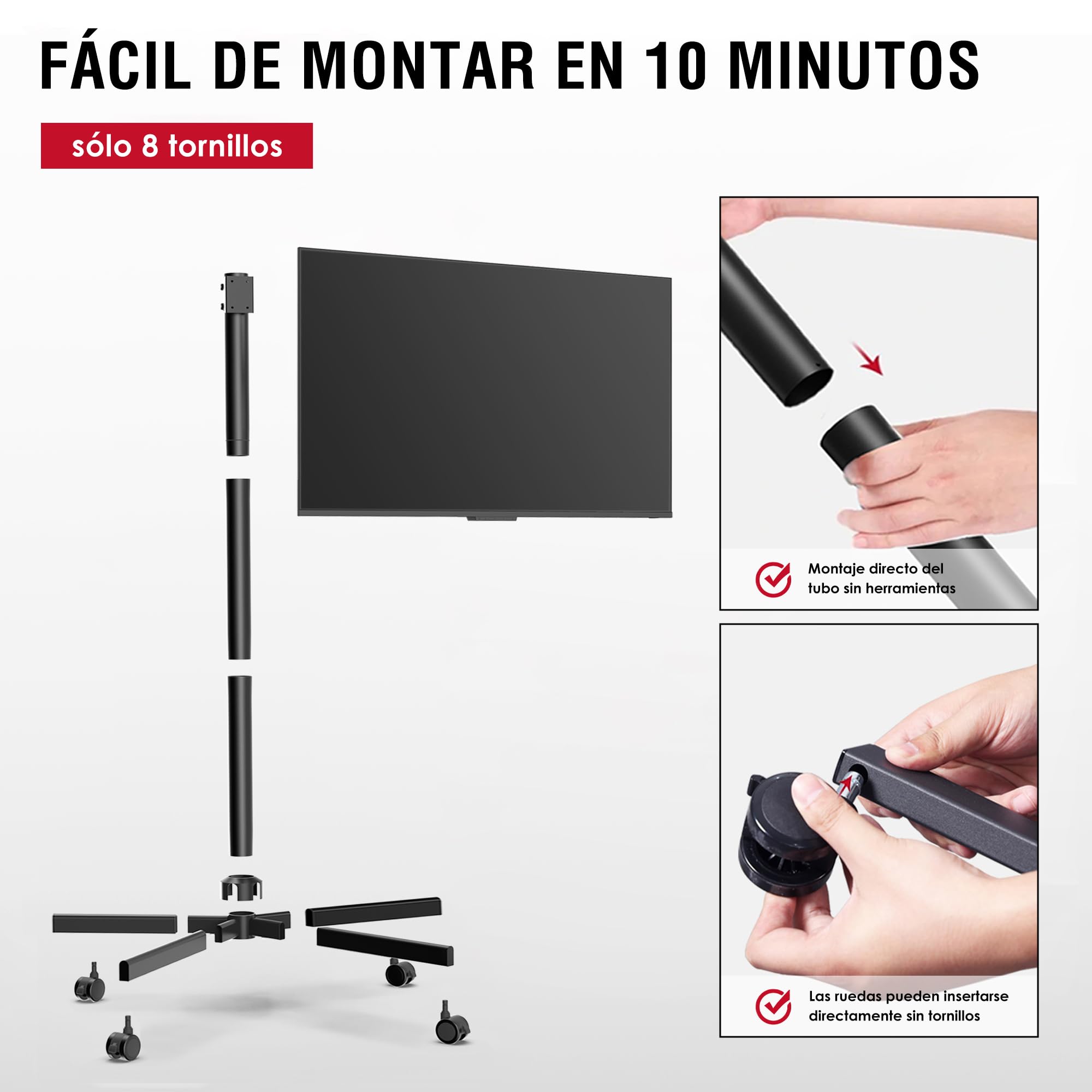 AOKCOS Soporte de TV enrollable para televisores de 32 a 65 pulgadas, inclinable y regulable en altura, con ruedas, diseño sin tornillos, soporte de suelo, universal, máx. VESA, 400 x 400 mm, 40 kg