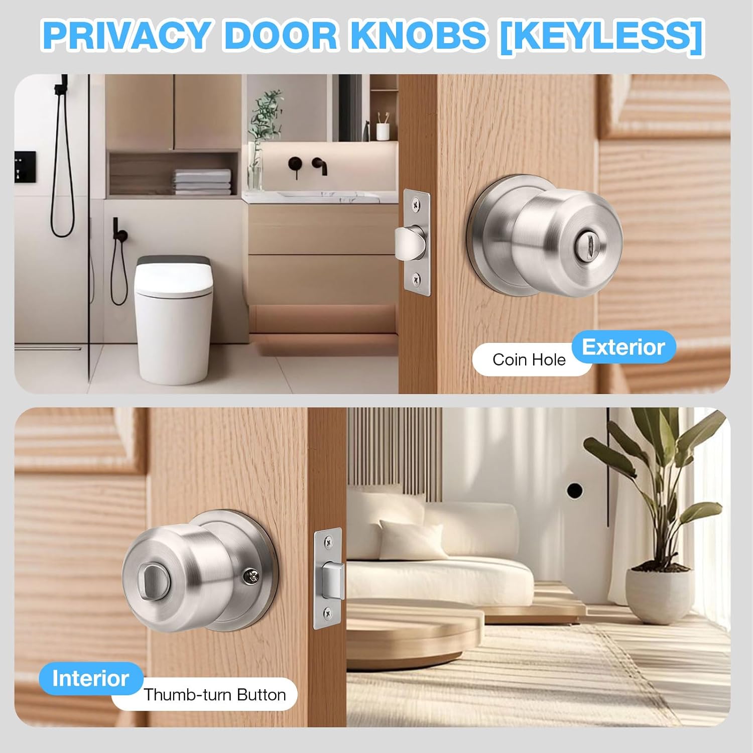 6 Pack Brushed Nickel Door Knobs Interior, Keyless Privacy Door Knob for Bedroom Bathroom, Interior Door Knobs Cylindrical Shape Knobs, Indoor Door Knobs, Satin Nickel Round Doorknobs