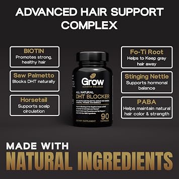 grow vitamin DHT Blocker for Hair Growth & Thickness Biotin, Saw Palmetto, Horsetail, Stinging Nettle, Fo-Ti Root Supports Stronger, Fuller Hair for Men & Women 90 Capsules