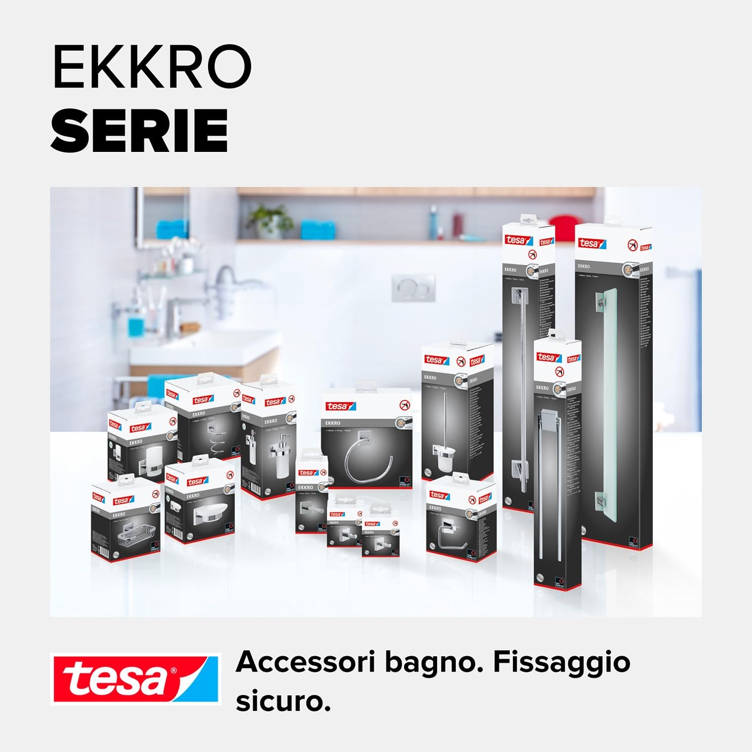 tesa EKKRO Portarotolo WC con Coperchio - Porta Carta Igienica Adesivo in Metallo Cromato Lucido senza Perforazione, per Bagni - Colla Rimovibile inclusa