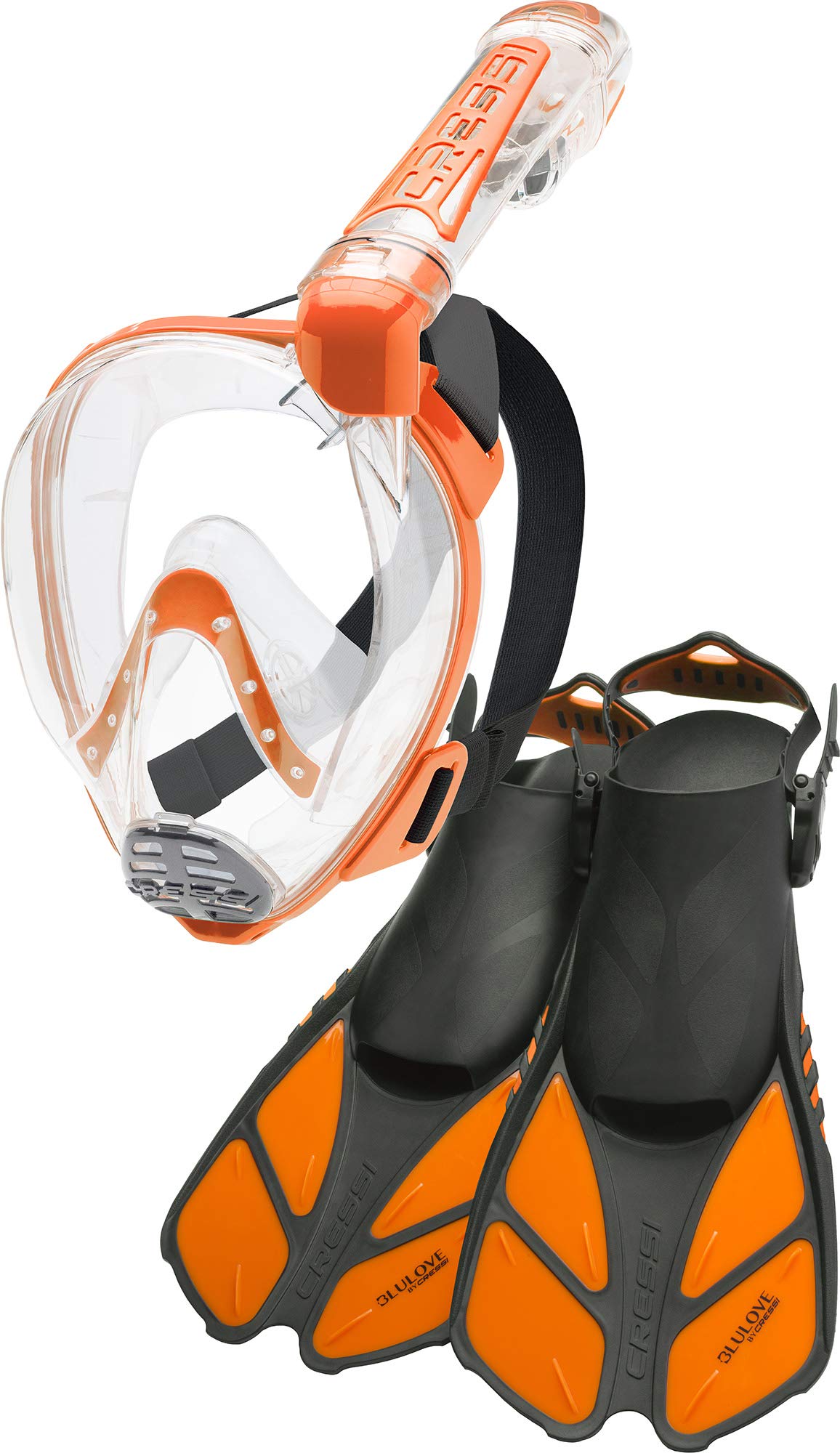 Cressi Adult Snorkeling Full-Face Snorkel Mask & Adjustable Fins Kit - Wide Clear View, Anti-Fog System - Easy Breathing - Short Fins - Ideal for Traveling - Duke & Bonete: designed in Italy