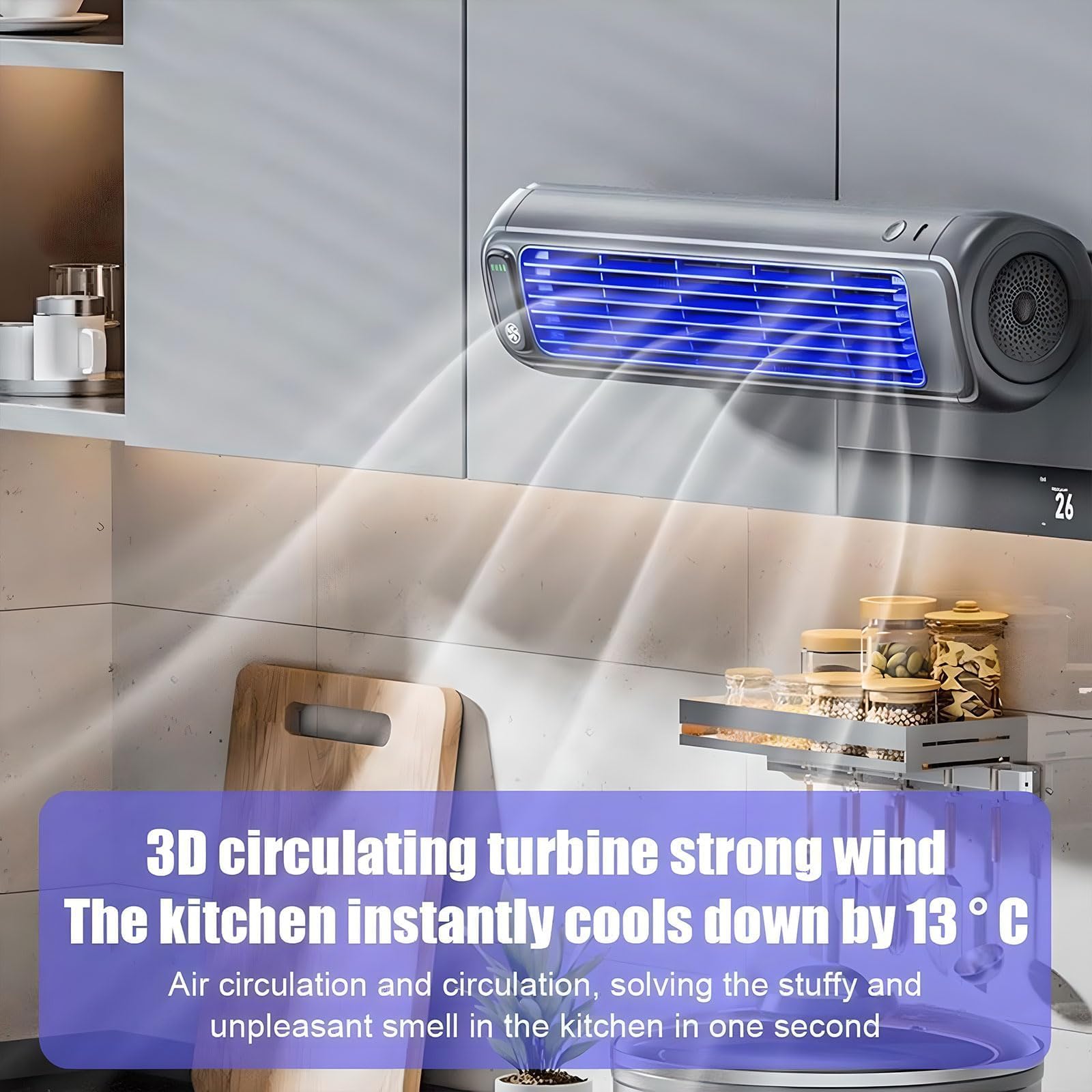 Ventilatore per condizionatore d'aria da parete, ricaricabile, con 3 velocità regolabili, mini ventola di raffreddamento a basso rumore per camera da letto, ufficio, camper, campeggio