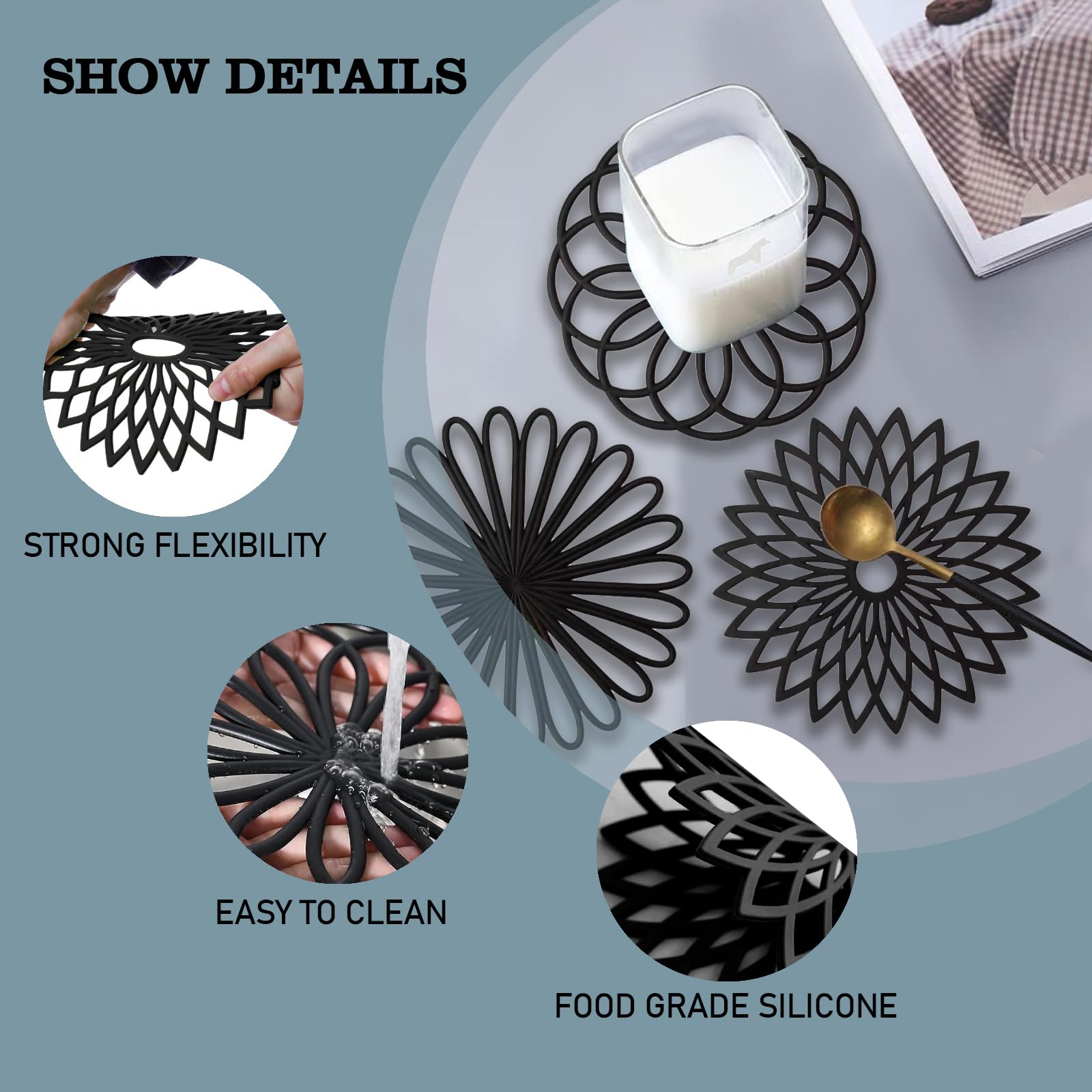 Lot De 3 Dessous De Plat En Silicone Fleurs - Antiadhésifs Et Isothermes - Noir