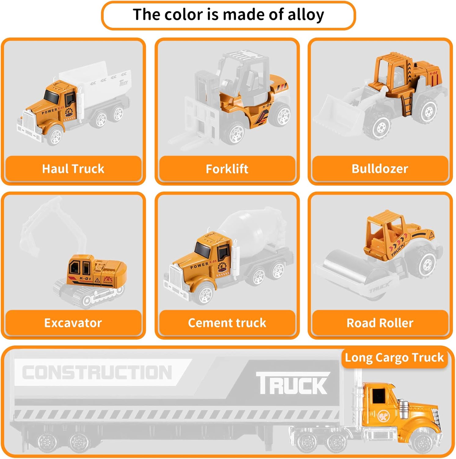 TEMI Diecast Engineering Construction Vehicle Toy Set w/Play Mat,Truck Carrier,Forklift,Bulldozer,Excavator,Mixer,Dump Truck, Alloy Metal Car Toys Set for 3 4 5 6 Years Old Toddlers Kids Boys & Girls