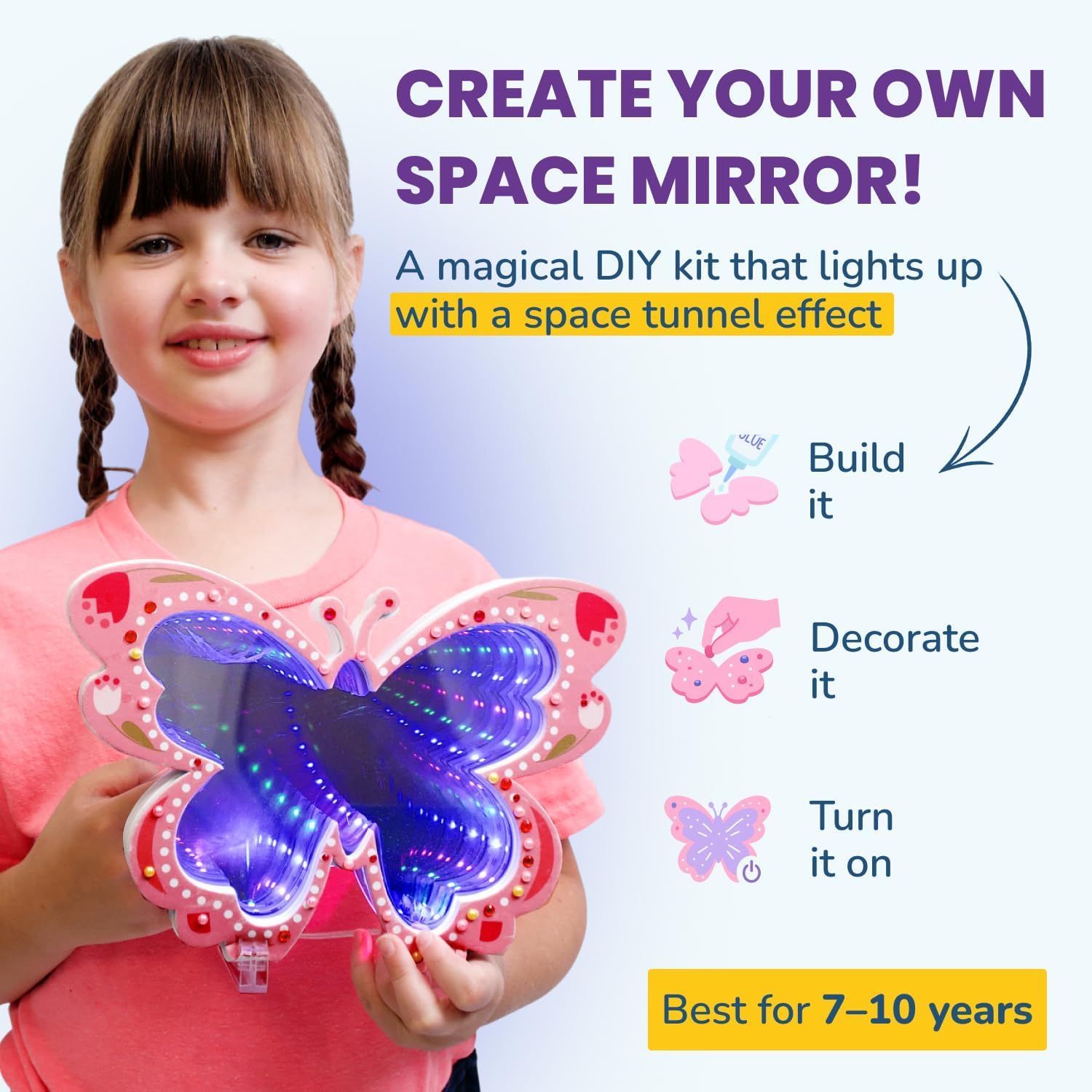 DIY Butterfly Space Mirror Light - 2 in 1 Mirror & Space Tunnel Effect with LED Lamps - Perfect Science Kids Arts and Craft Activity Kit for Girls 7-12 Years Old - Foam Craft with Gem Art Decorations image 2 of 6 B0DWX3S9G1
