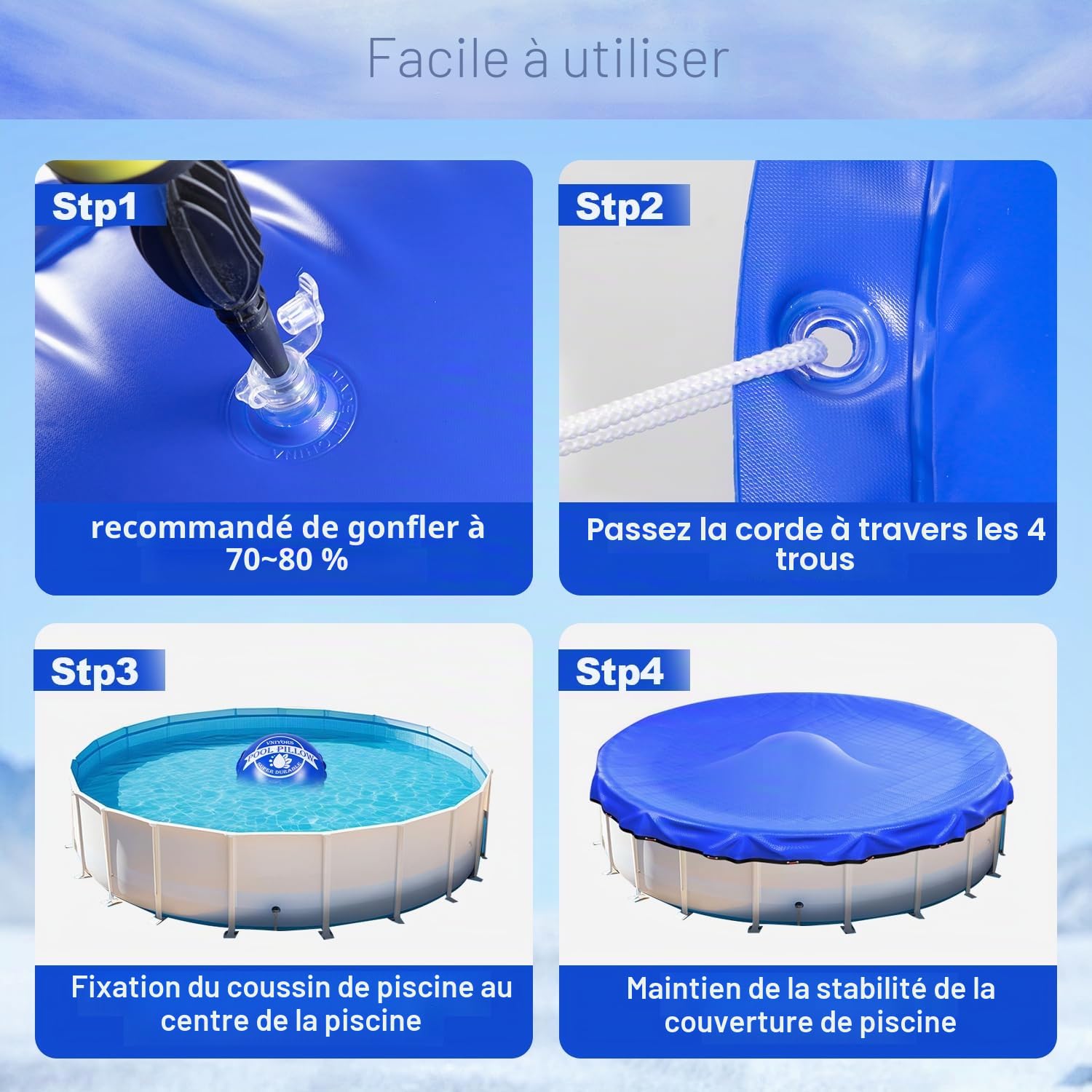 Coussin Piscine hivernage, 120×120cm Coussin hivernage Piscine Hors Sol, 0.5mm Extra épais résistant à la déchirure Flotteur hivernage Piscine Corde de 50 Pieds Incluse (rectangulaire)
