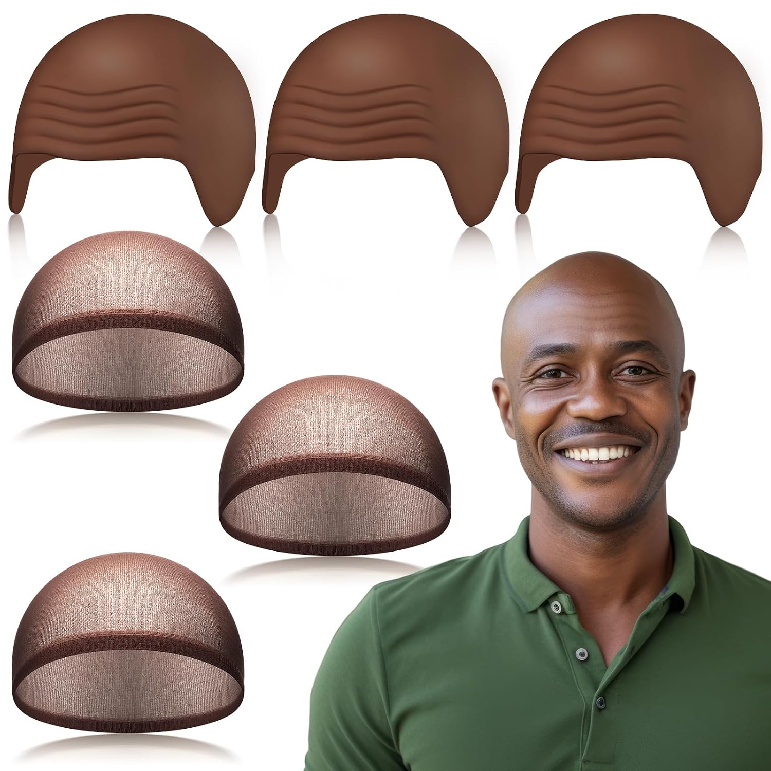 Wavwavw 6 Pcs Bald Caps for Men Women Makeup Latex Bald Head Wig Caps Balds Cosplay Costume Accessories for Adults Halloween(Dark Brown,Medium,Normal)