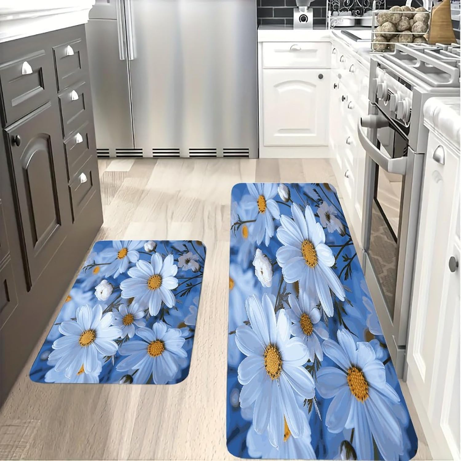 Daisy Blue Kitchen Mat Kitchen Rug Set | Kitchen Rugs Flannel Velvety Washable breathable Water Absorbent Soft ，kitchen utensils for Kitchen, Floor,Laundry