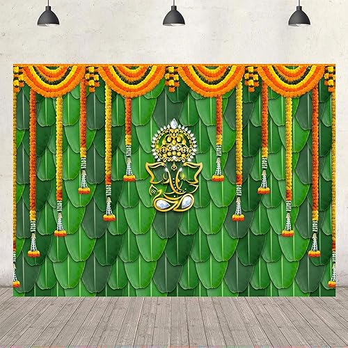 Miniatura 4 de Ticuenicoa India Pooja - Telón de fondo tradicional de 7 x 5 pies, hojas de plátano, color verde, Chatiya Ganesh, fondo de fotografía de Puja