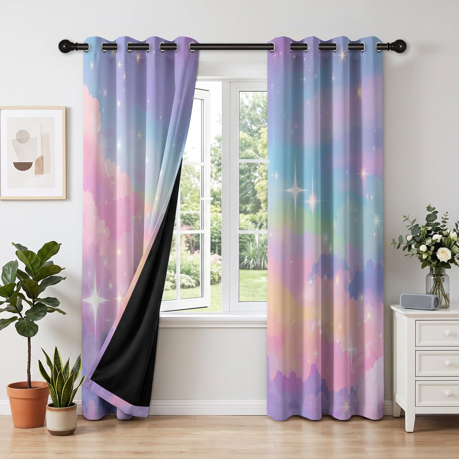 Dziecięca zasłona zaciemniająca z ptakiem termiczna gwiaździste niebo 91,5 x 214 cm Zestaw 2 zasłon z nadrukiem do salonu, sypialni, okna, kuchni, zasłon i zasłon wewnętrznych z oczkami, kolor