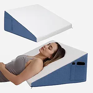 Wedge Pillow for Headboard, 12’’ Triangle Elevated Bed Wedge Pillow for Acid Reflux Relief, Sleeping, Post Surgery, Back Pain Relief, Snoring, Soft Memory Foam Top & Washable Breathable Cover, Blue