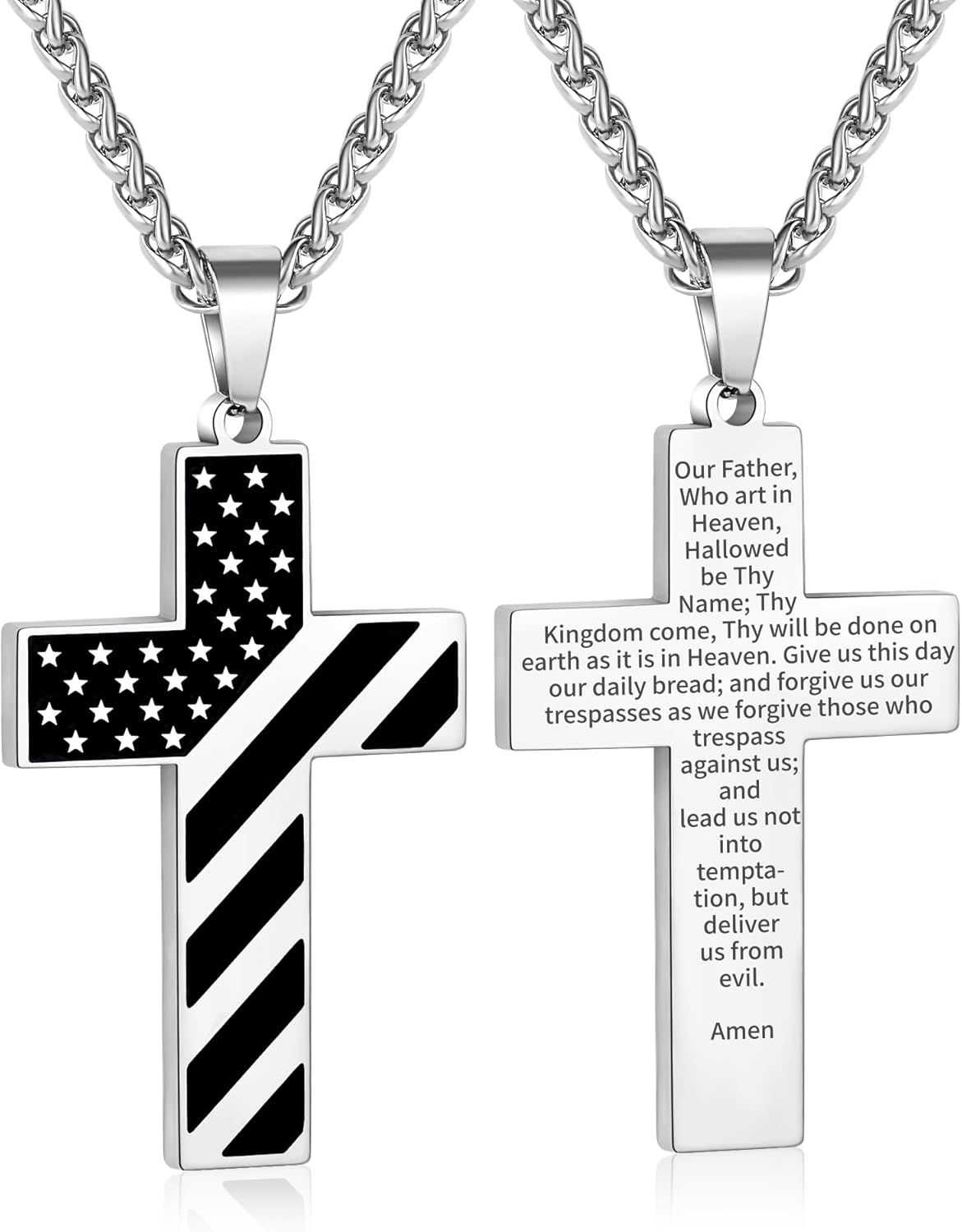 American Flag Cross Necklace Stainless Steel Bible Verse Pendant Men Military Religious Jewelry Gift 20+3 Inch Chain