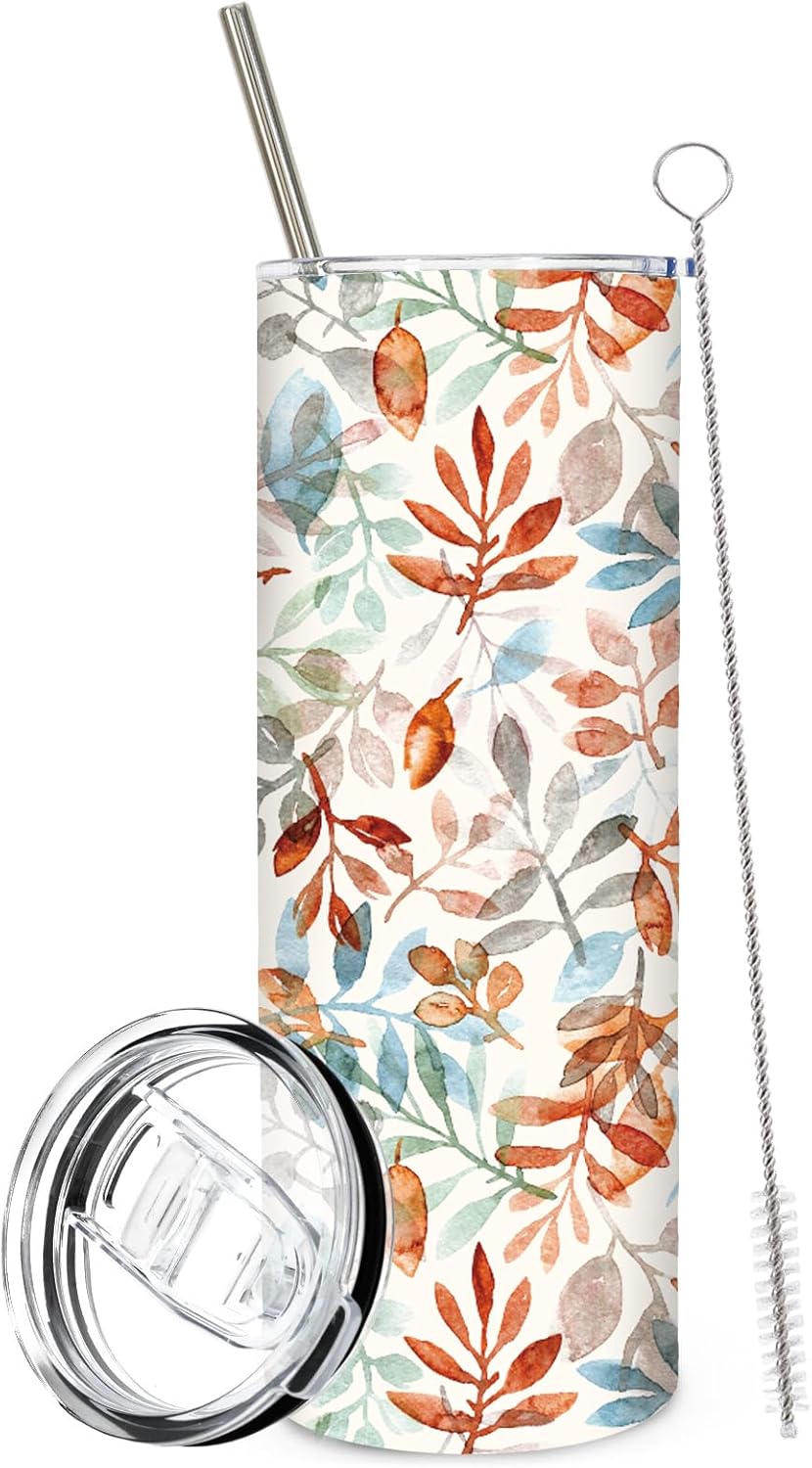 Fall Tumbler with Lid Straw Watercolor Leaves Stainless Steel Cup Orange Blue Green Leaves Tumbler Cup for Autumn Thanksgiving Supplies