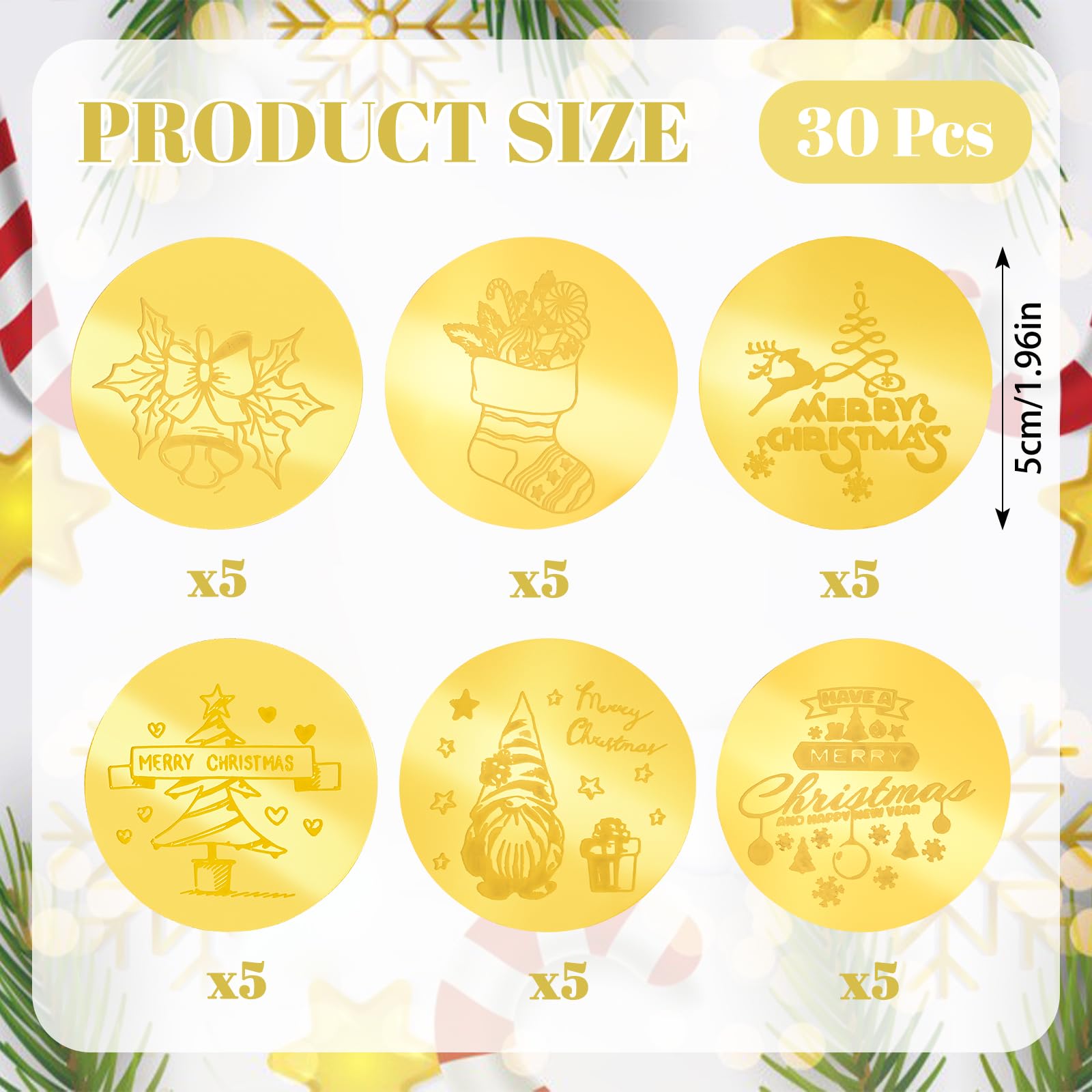 URROMA 30Pcs Merry Christmas Cupcake Toppers 6 Designs Golden Round Acrylic Cupcake Signs Christmas Themed Mirror Cake Discs for DIY Decor Supplies - Image 2