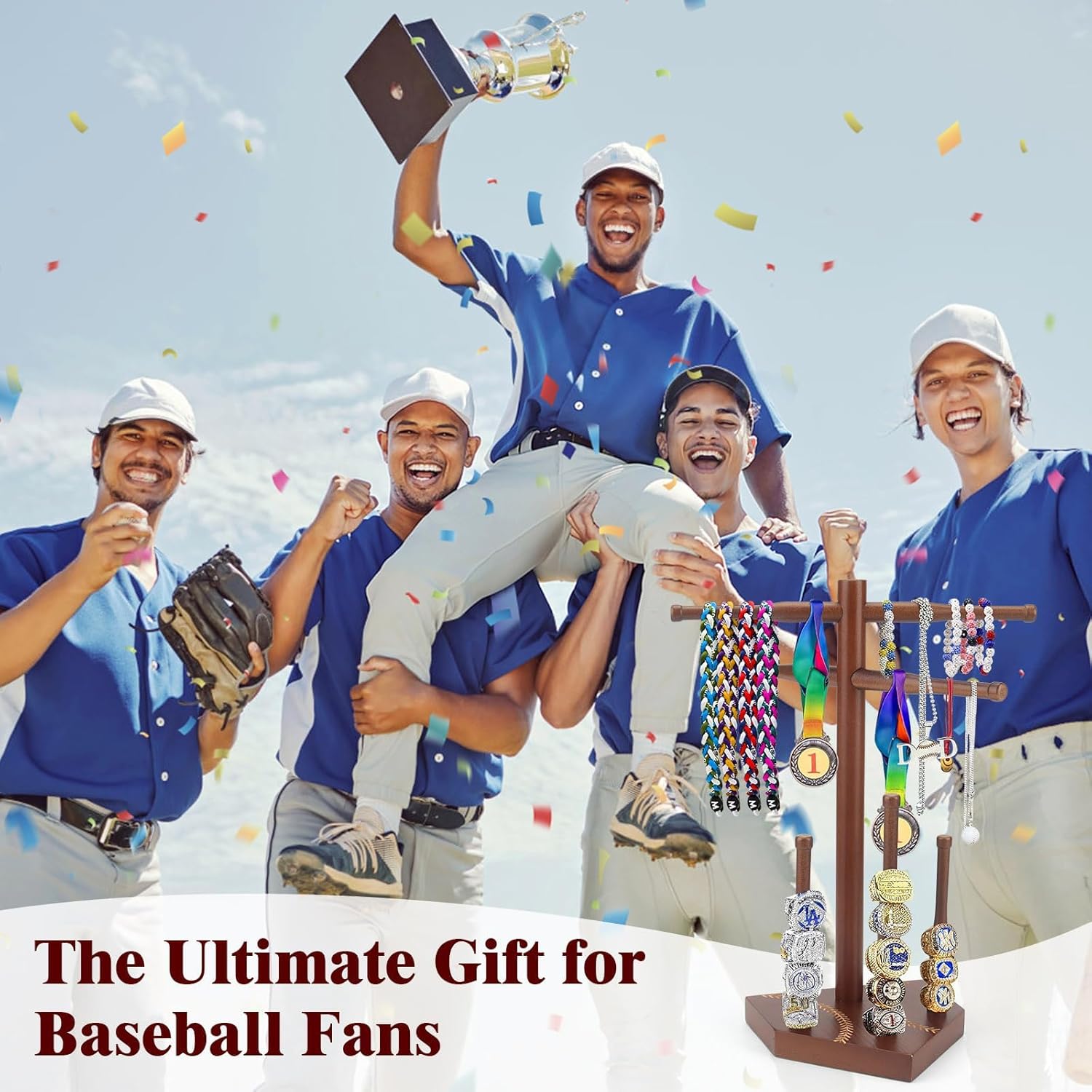 Wooden Baseball Drip Necklace Holder & Ring Display | Championship Ring Accessories Display Stand Necklace Organizer, Show Your Baseball Lifestyle for Players & Fans Gift Brown - Image 6