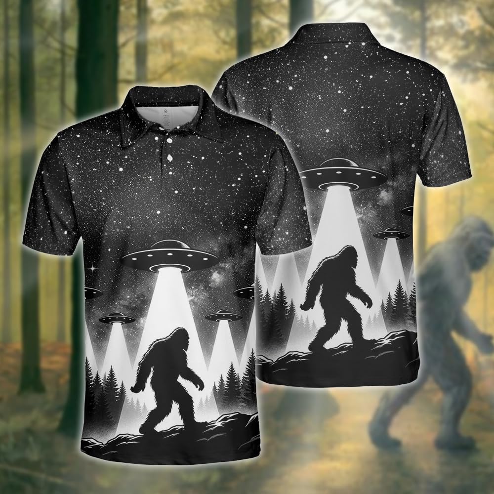 Bigfoot Polo Shirts for Men, 3D Sasquatch Forest Mens Polo Golf Shirt Short Sleeve Button Up Vacation Party Gift