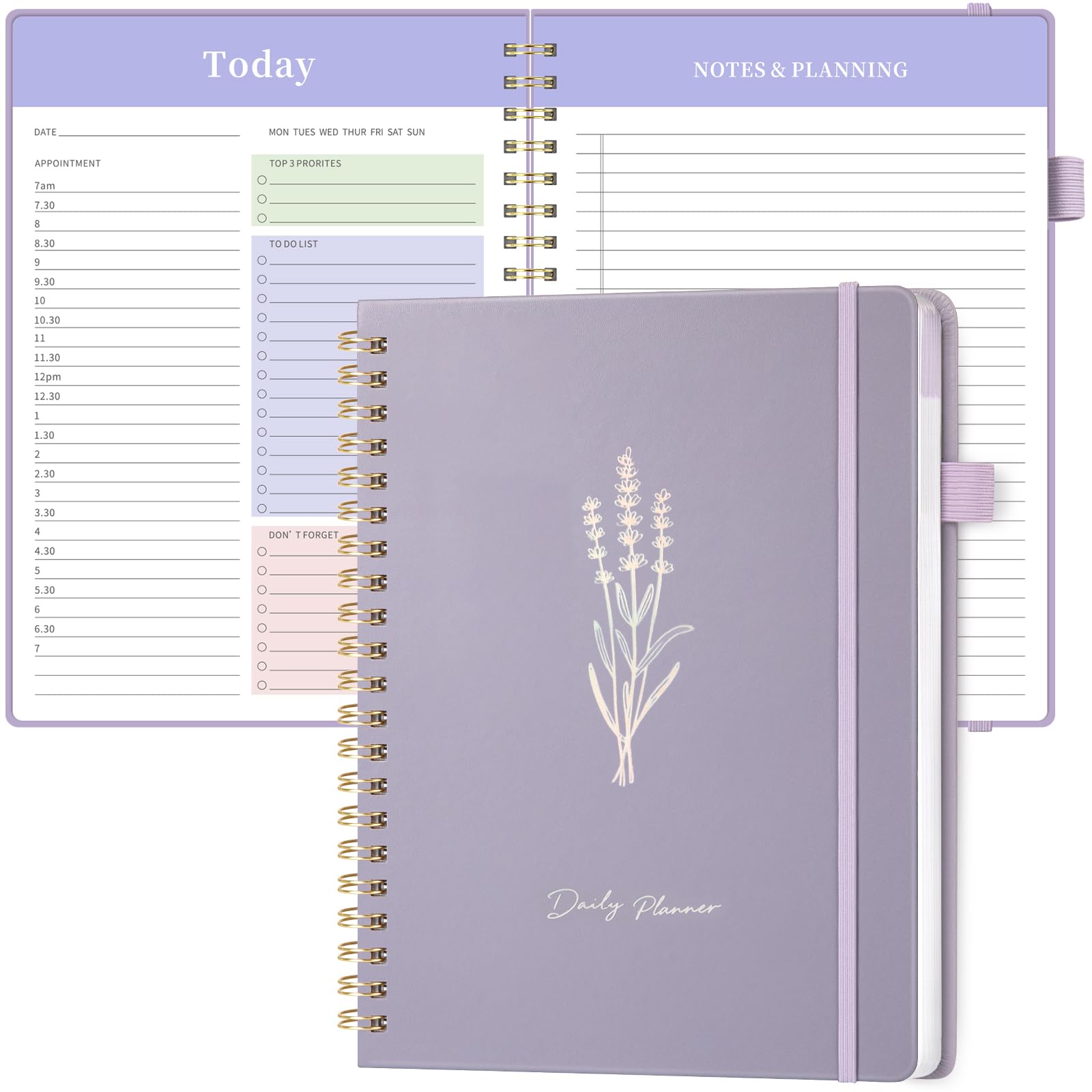 Umriox Daily Planner Undated,A4 To Do List Notebook Hourly Schedules,Spiral Hardcover Daily Organizer Notebook for Office,Home & School-Purple