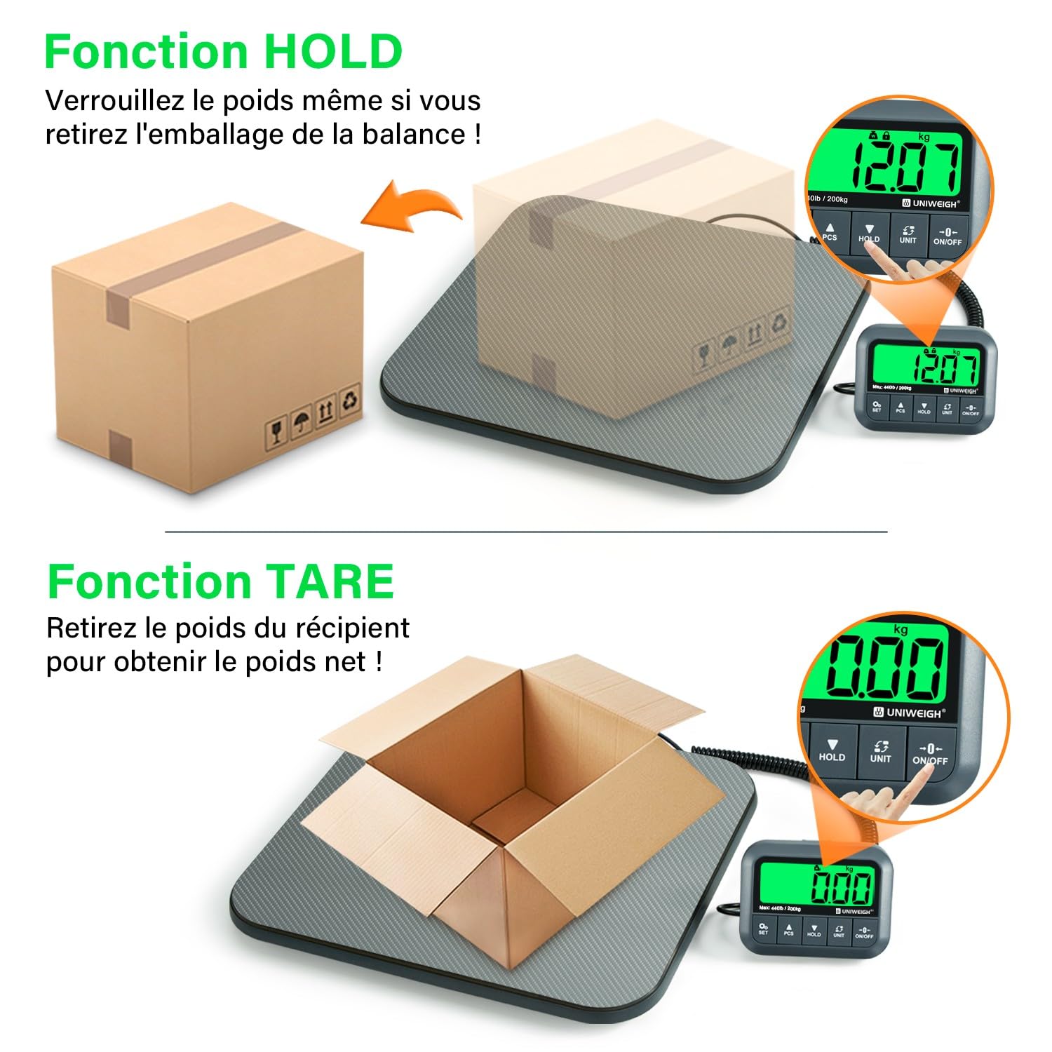 UNIWEIGH Balance postale numérique 200 kg, précision 9,9 g, maintien/tare/comptage, balance colis commercial