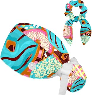 FVQL 2 Pieces Surgical Cap for Long Hair Scrub Cap with Hairband Nurse Cap, Donuts Pattern Seamless