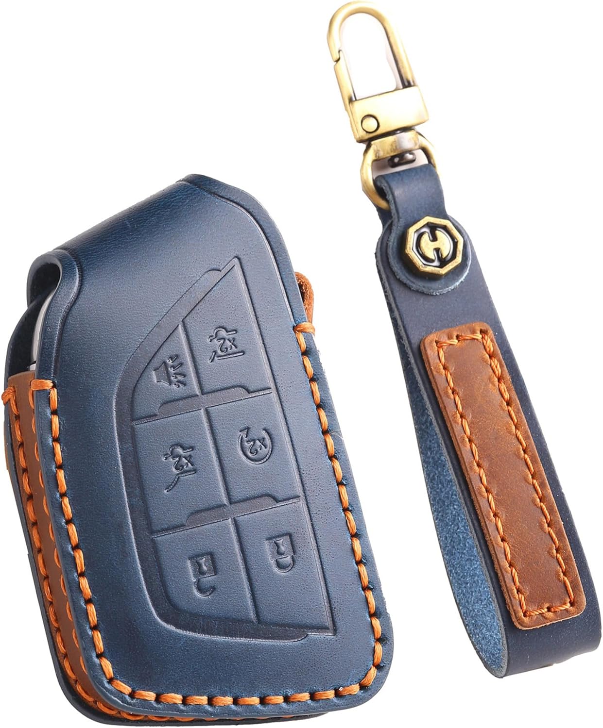 Genuine Leather 6-Button Key Fob Cover Case for Cadillac CT4 CT5 Escalade Lyriq 2020-2025, for Cadillac XT4 XT5 2025 2024 (Blue)