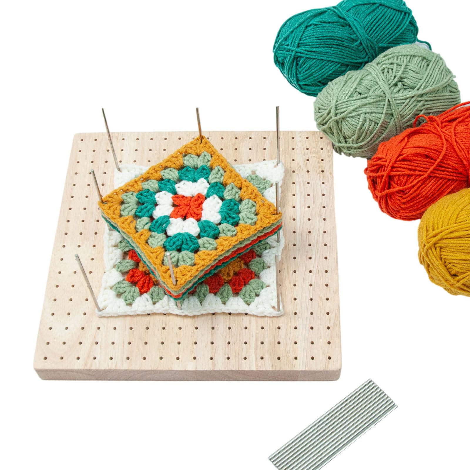 Granny Quadratisches Blockbrett für Nähnadeln, Häkeln, Stricknadeln, Projektstabzubehör, Holz, handgefertigte Wäscheklammern mit Edelstahlstabnadel
