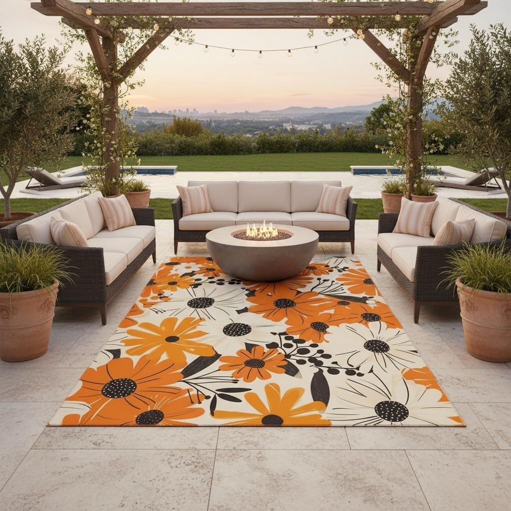 Bohemian Chic Orange Wildflowers Pattern Ourdoor Large Area Rugs for Camping Pool Ultra Soft Comfort Waterproof Carpet Deck Porch Aesthetic Garden Balcony Patio Floral Outside Deco Carpet 7x9