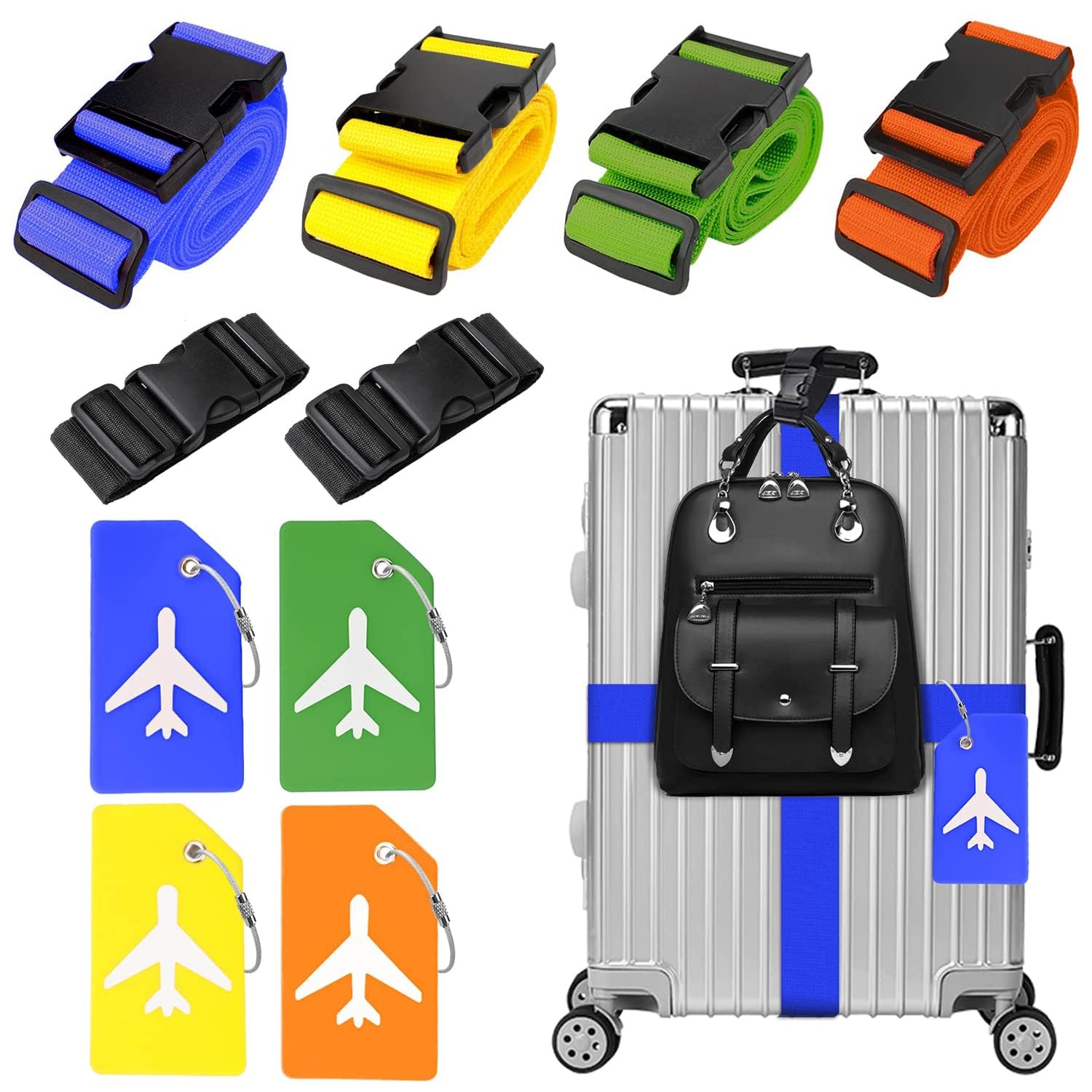 4 Stück Koffergurt & 4 Stück Kofferanhänger & 2 Stück Fügen Sie Eine Tasche Gepäckgurte Hinzu, Kofferband Gurt, Einstellbare Kofferbänder, Auffällig Luggage Strap für Koffer