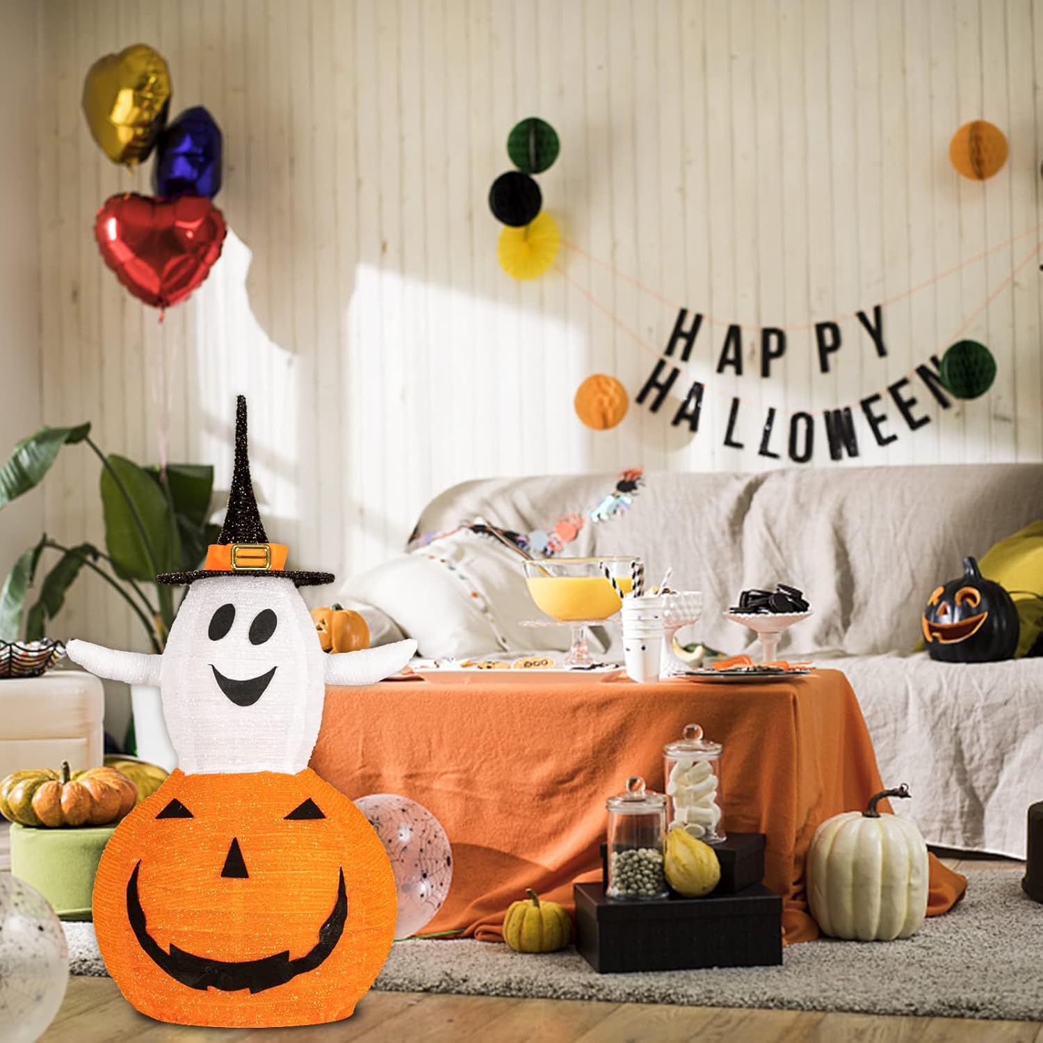 N&T NIIETING Halloween Decorations Outdoor, 3FT Halloween Collapsible Pumpkin Decorations with 8 Lighted Mode for Outdoor Indoor Garden Yard Porch Home Party Decor(75 LED Light Up)