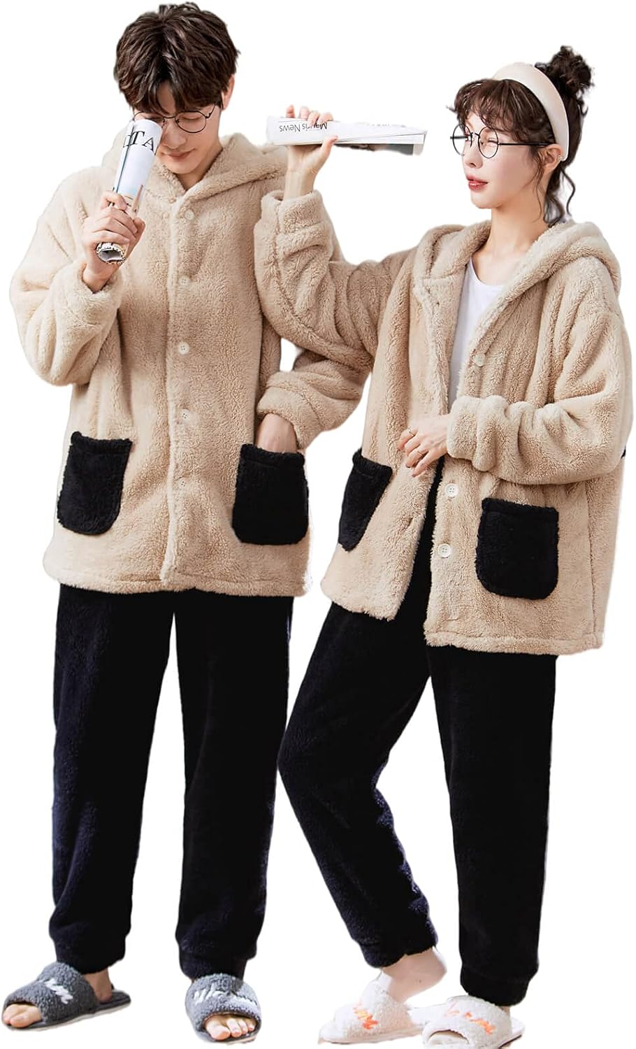 ジュタオピン ペアパジャマ 冬 ペアルック パジャマ メンズ もこもこ ルームウェア カップル 秋冬 ペア 長袖 L お揃いパジャマ モコモコ プレゼント ギフト プレゼント ご褒美 レディース 前開き 3l 黒 ベージュ Ll M