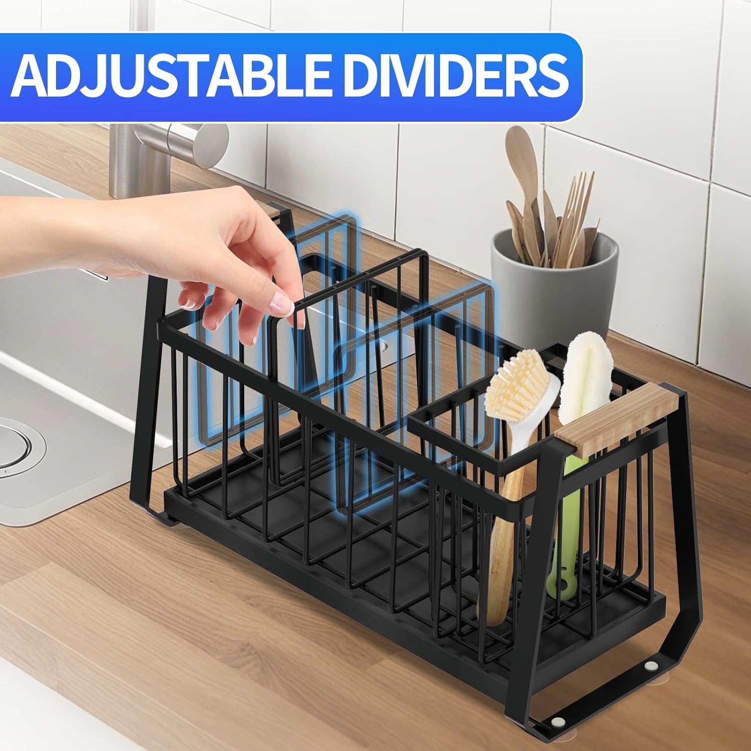 Black Sponge Holder with Wooden Handle & Self-Draining Tray, Kitchen Sponge Holder, Kitchen Sink Caddy Organizer, Kitchen Sink Sponge Rack, Sink Countertop Organizer for Sponge, Soap Dispenser Storage - Image 4