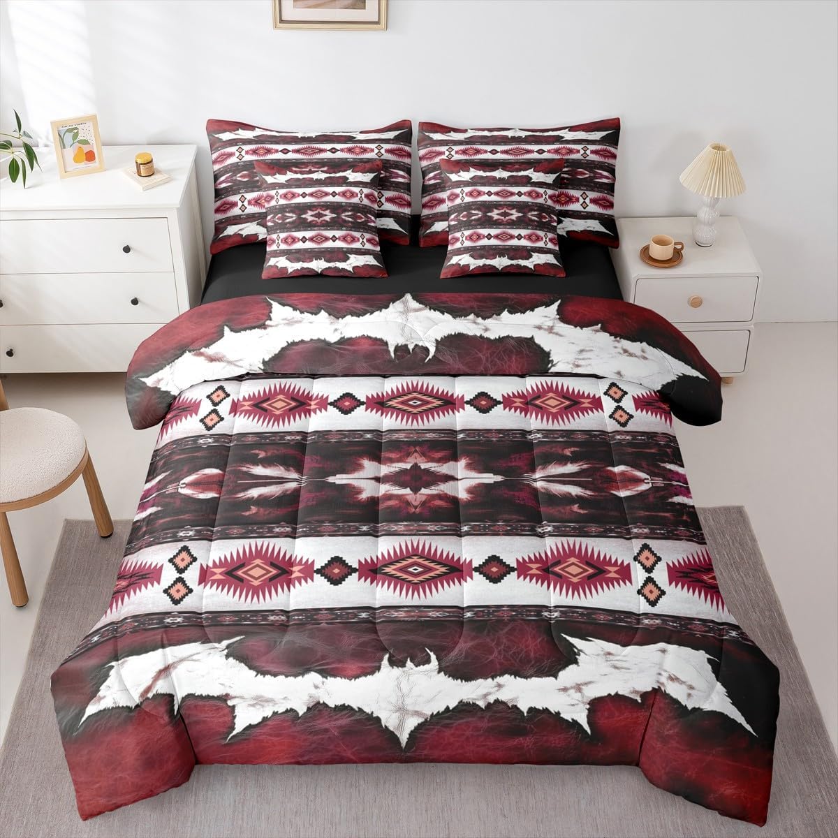 Feelyou Western Comforter Set King Size 7 Pieces Cowhide Cow Print Retro Fur Bedding Set Boho Rustic Farmhouse Bed in a Bag with Comforter, Sheets, Pillowcases, Cushion Covers Wine Quilted