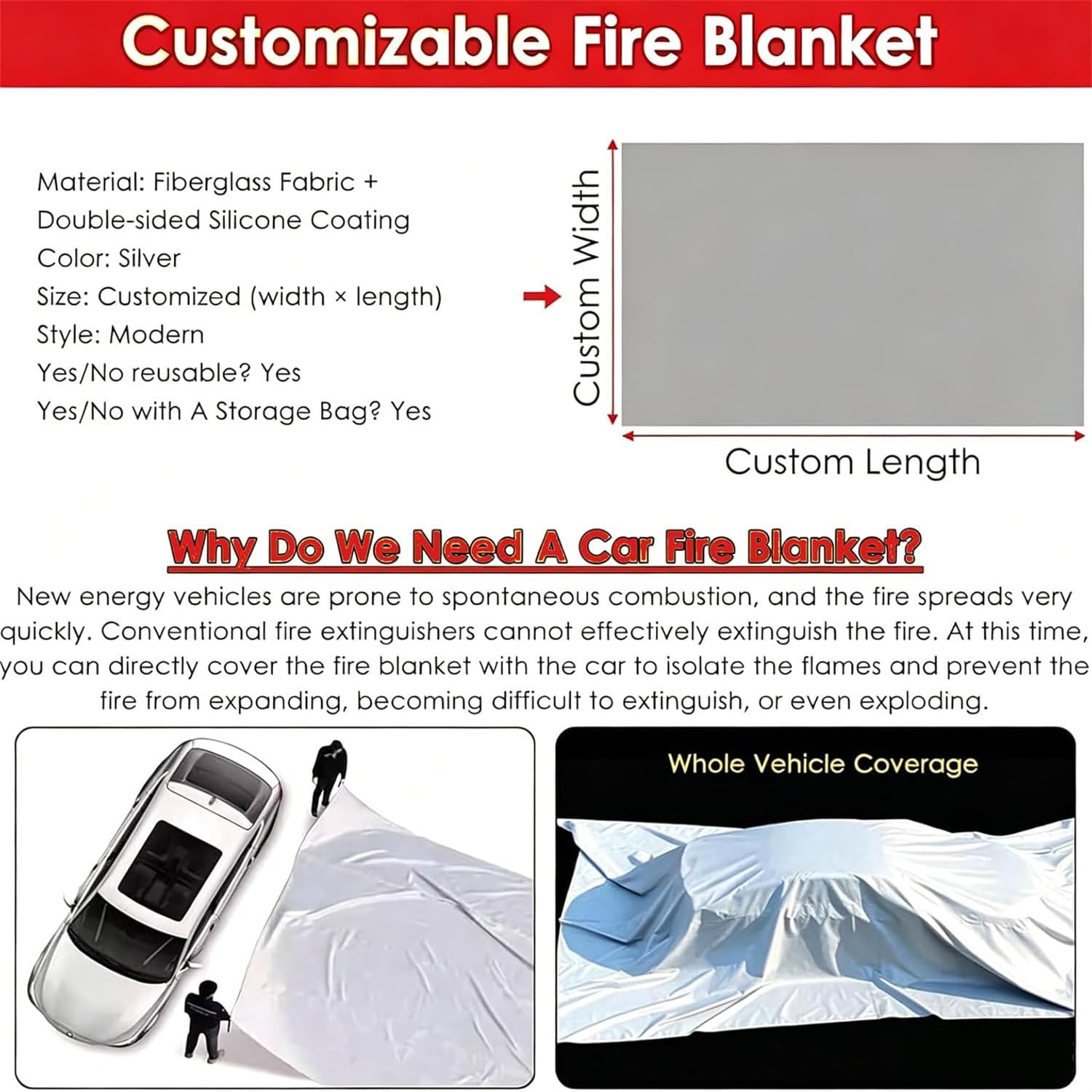 Mantas Ignífugas Emergencia para Coche, Manta Extinción Incendios 1100 °C, Cubierta Fibra De Vidrio Recubierta Silicona, Mantas De Extinción Incendios Resistentes Al Calor 3x4m/9.8x13.1ft
