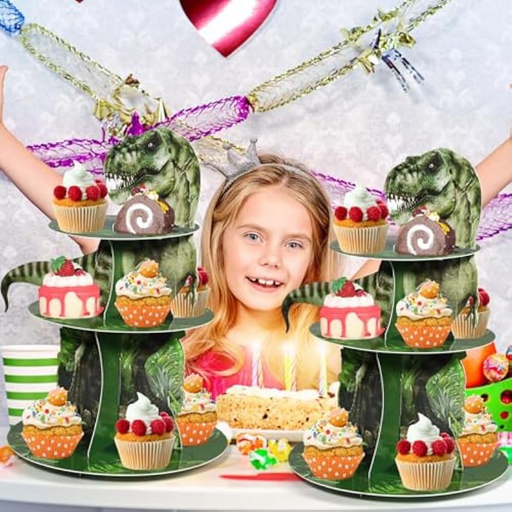 Porta Cupcake 3 Piani con 16 Decorazioni Cupcake Alzatina per Dolci Porta Torta Porta Muffin per Frutta, Cibo, Crostata Uova, Forniture per Feste di Dinosauri per Bambini