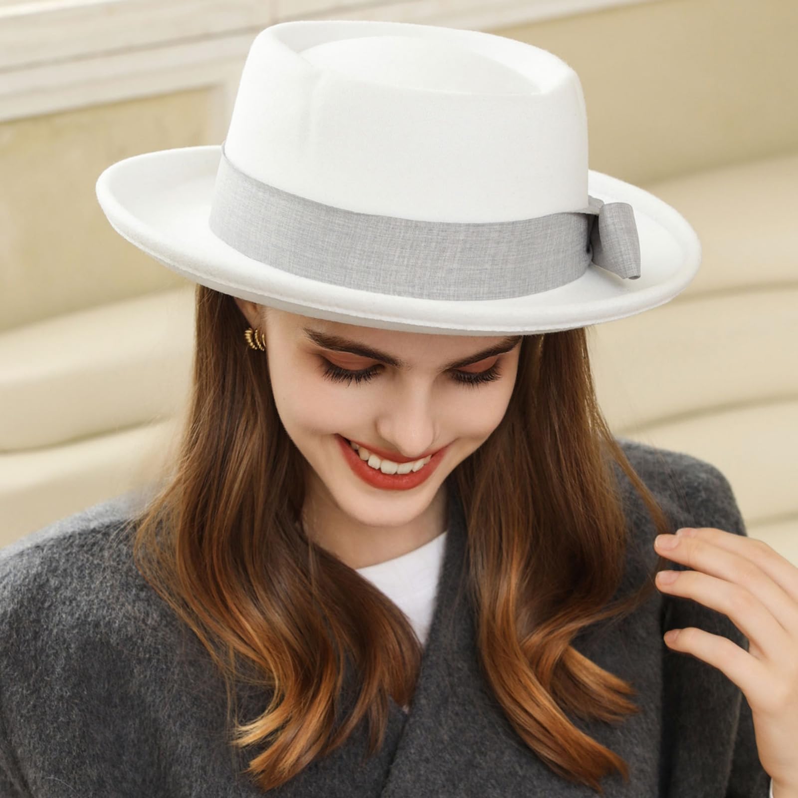 Klassischer Filzhut Damen Roll-Brim Fedora-Hut Herren Flat Tophut | für Kirche Hochzeit Party Hüte mit Schleife Band