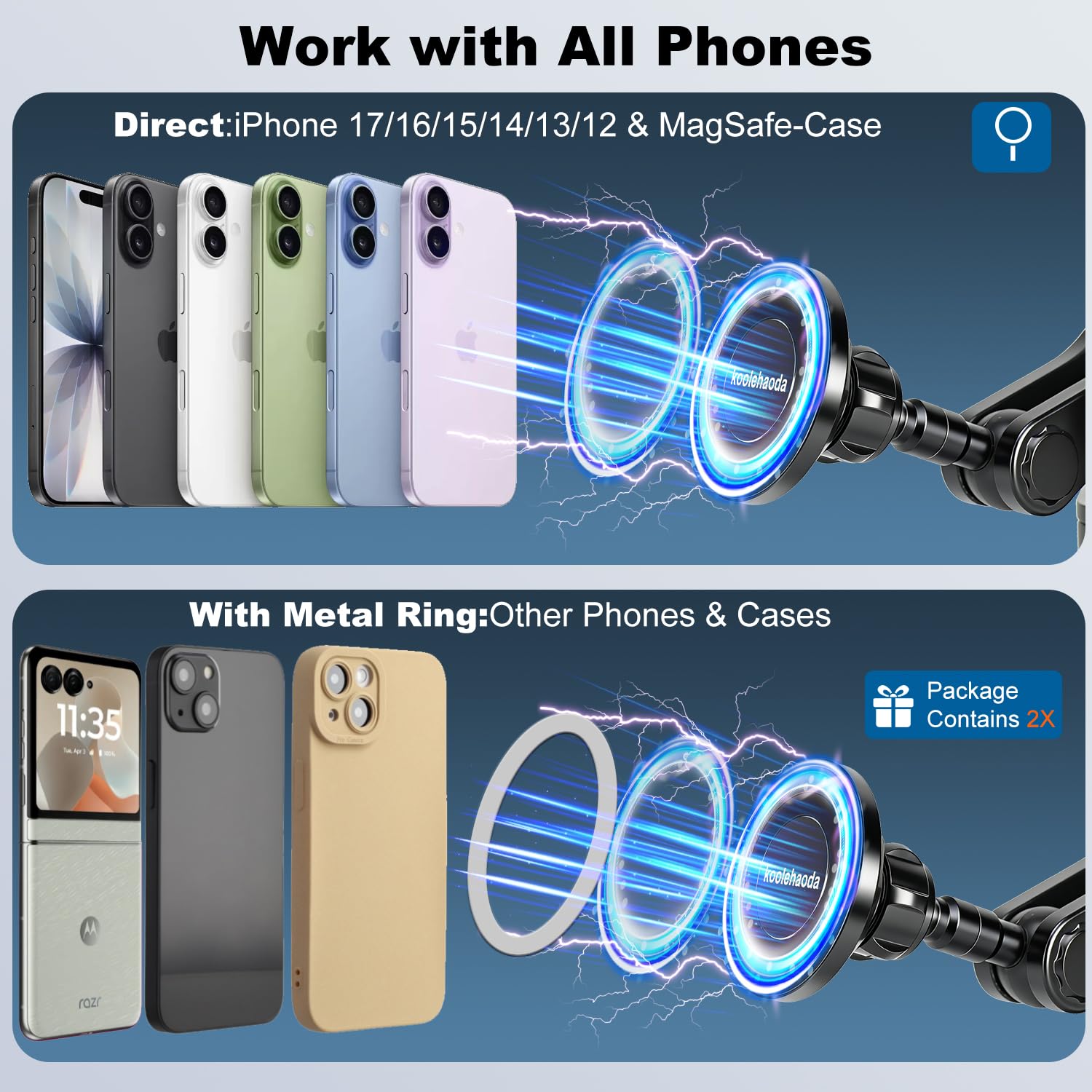 koolehaoda Supporto Magnetico Telefono Auto Ventosa 360 per Mag Safe iPhone | Universale Parabrezza Cruscotto Braccio Metallico Regolabile, Magnete Forte per Custodie Magnetiche Navigazione GPS