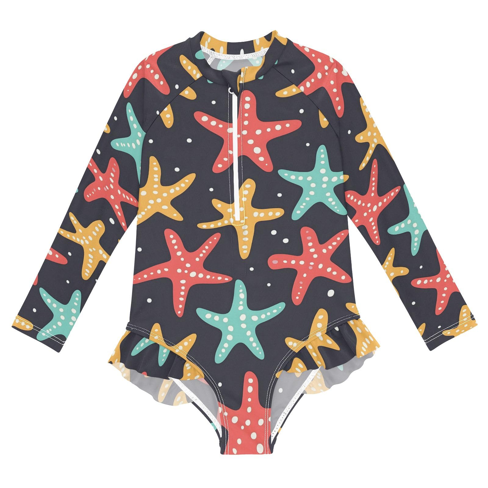 ALAZA Swimsuit for Girls Long Sleeve Rashguard Bathing Suit Starfish Black Quick Dry 4T