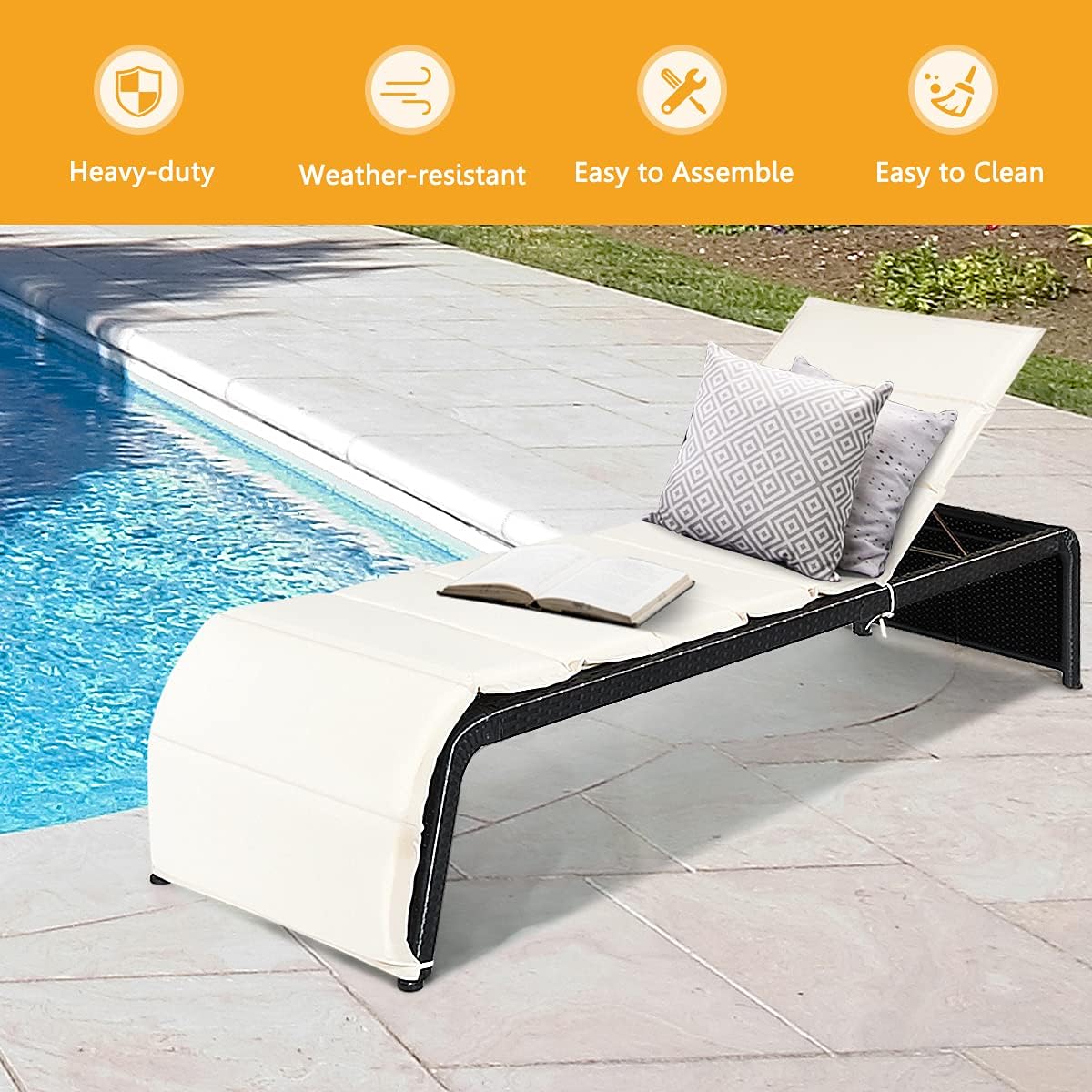 DORTALA Outdoor Chaise Lounge Chair, 5-Position Adjustable Rattan Recliner Chair w/Cushioned Seating and Adjustable Feet, Multifunctional Couch Furniture forPatio, Poolside, White