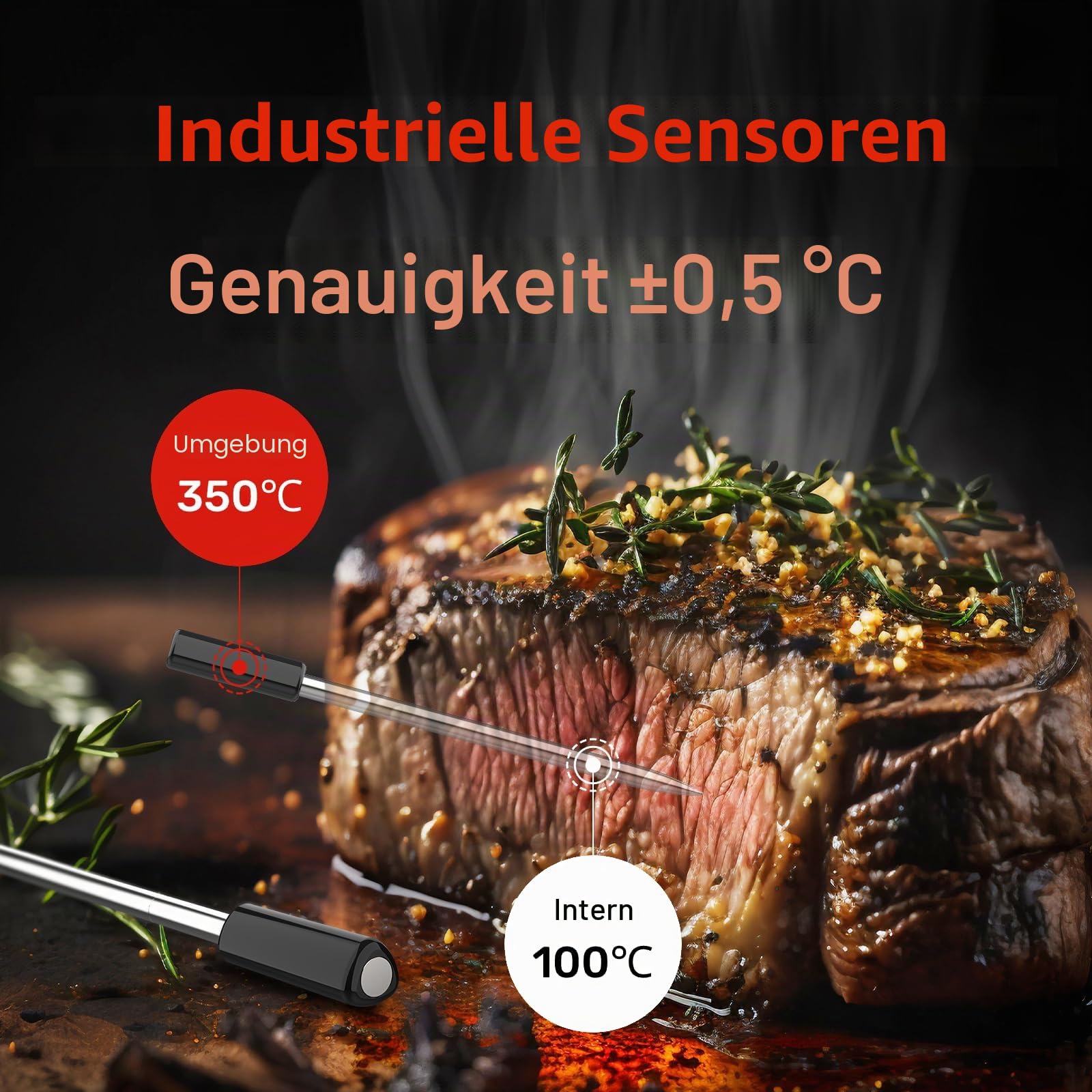WLAN-Fleischthermometer | Kabellose Sonde mit großer Reichweite für Backofen, Grill, Heißluftfritteuse, BBQ | Doppelsensoren | IP67 wasserdicht
