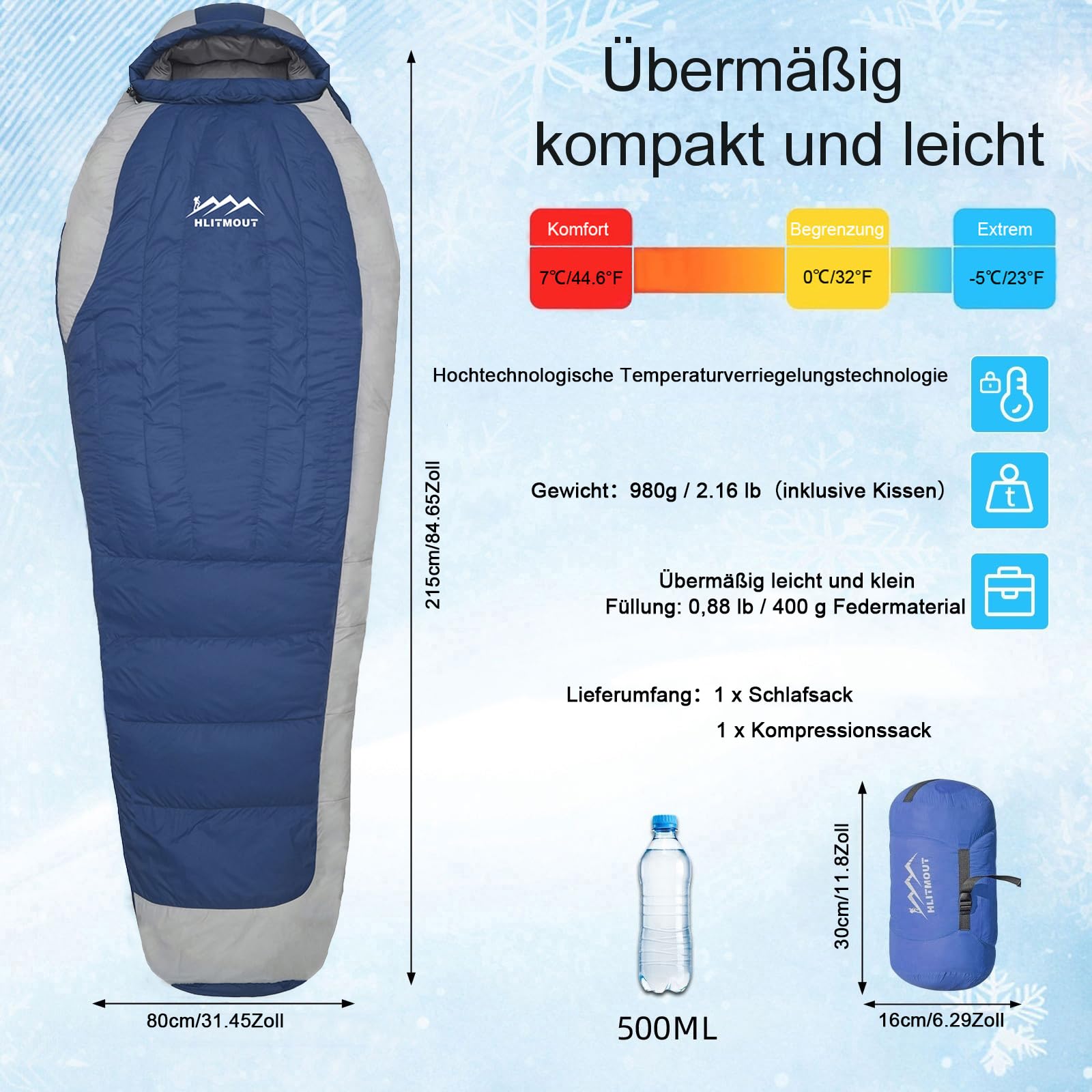 Ultraleicht Daunenschlafsack mit Kissen, Kleiner Leichter Sommer Schlafsack 680FP für Erwachsene und Kinder Wandern,Trekking und Camping Outdoor