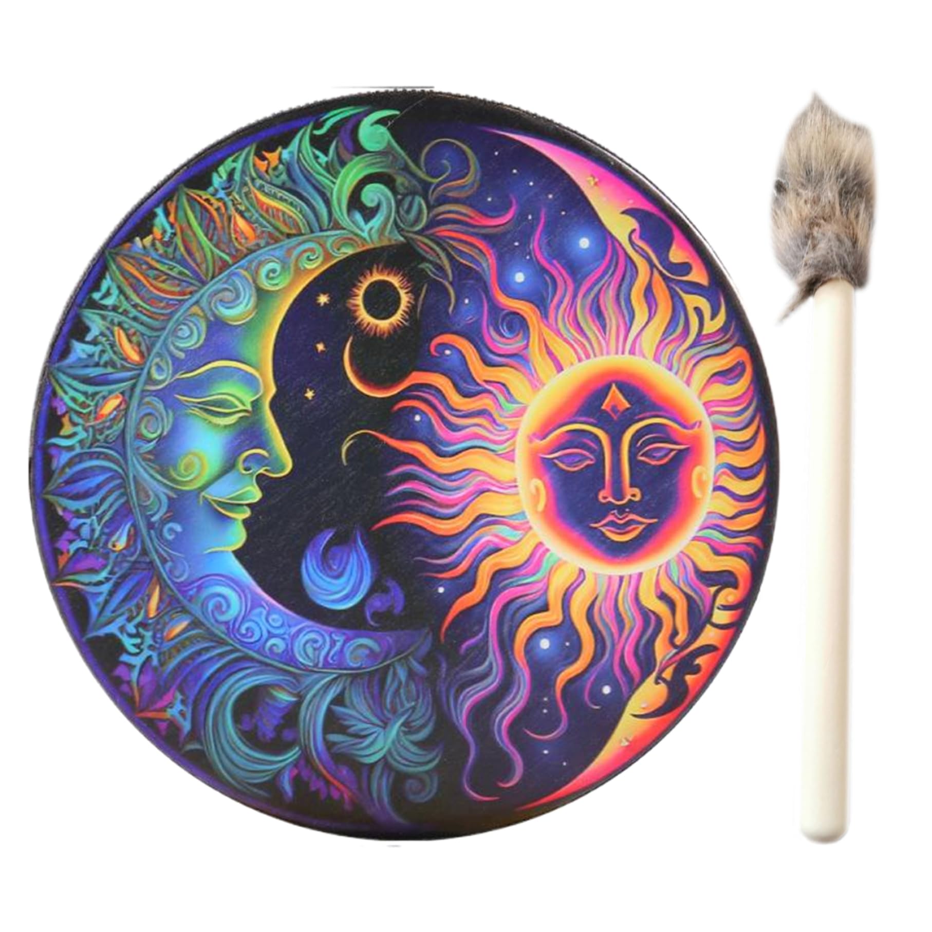 Tambour de buffle, 10 dans du tambour de chaman avec bâtons, motif soleil-lune, sonière chamanique