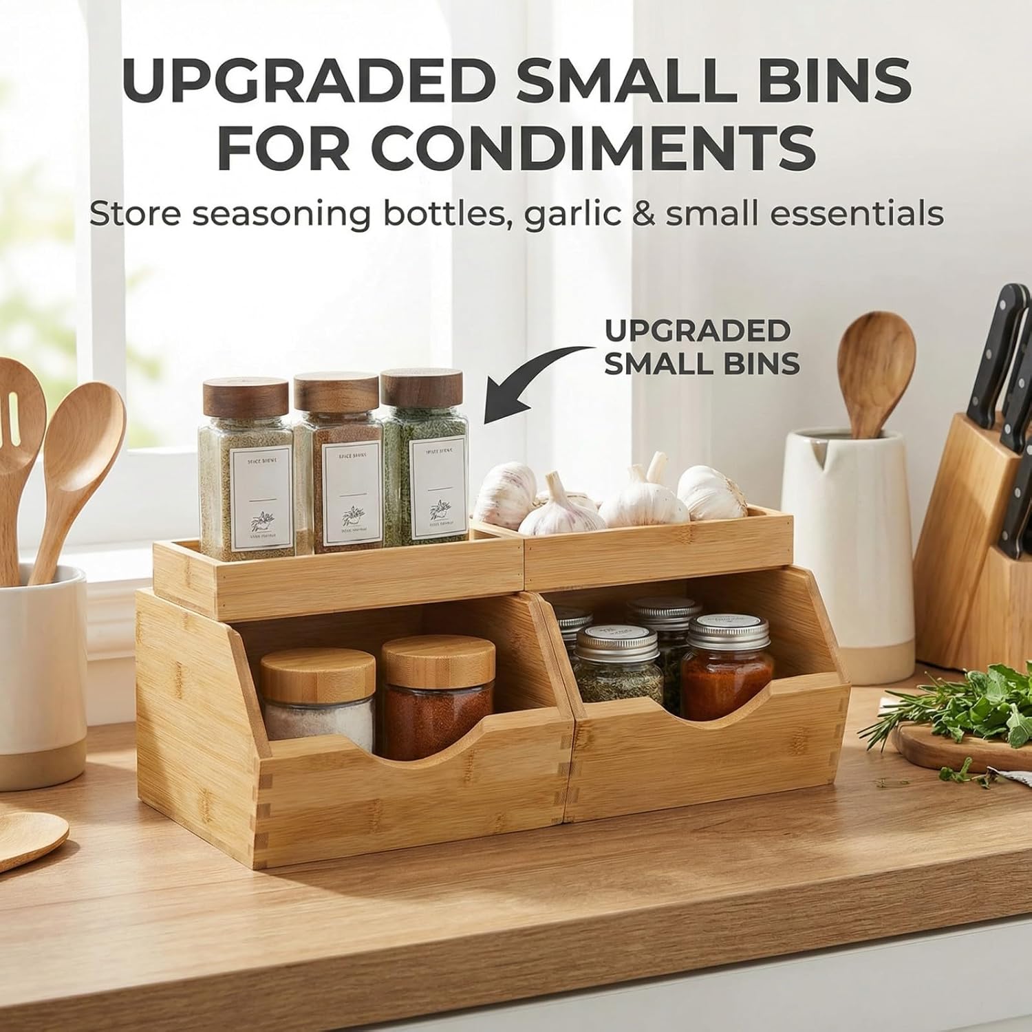 bamboo pantry storage bins with lid - stackable baskets, potato and onion storage, wood storage bins for pantry baskets organization and storage, kitchen essential, set 5 pieces bamboo 3pack