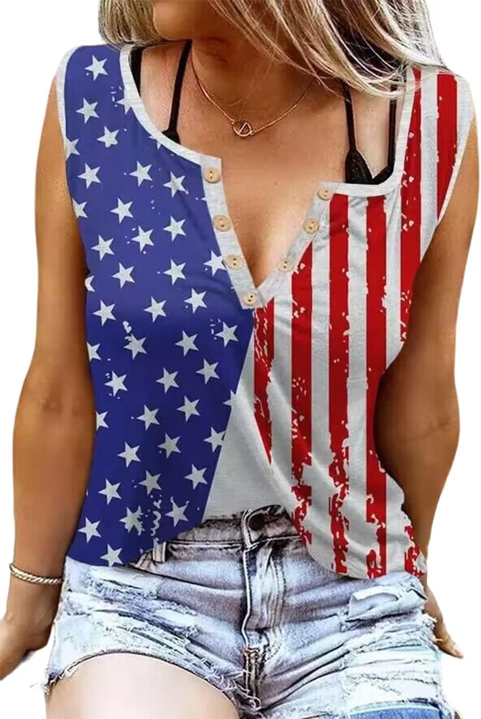 FLOYU Women's USA Patriotic Tank Top – 4th Of July Sleeveless Shirt With Letter Print, Casual Fit