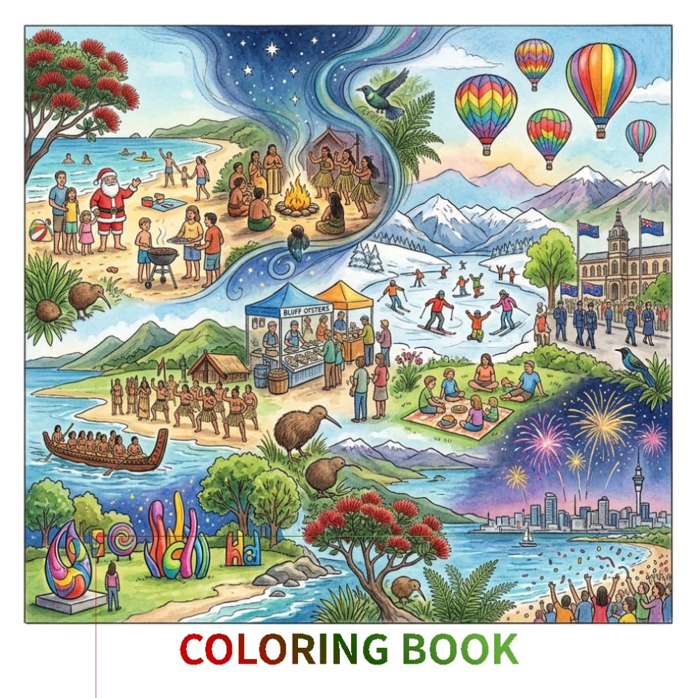 Beautifully hand-drawn coloring book that celebrates the vibrant and diverse festivals of New Zealand: New Zealand Festivals Coloring Book for Kids & ... Cultural Traditions, Travel Line Art