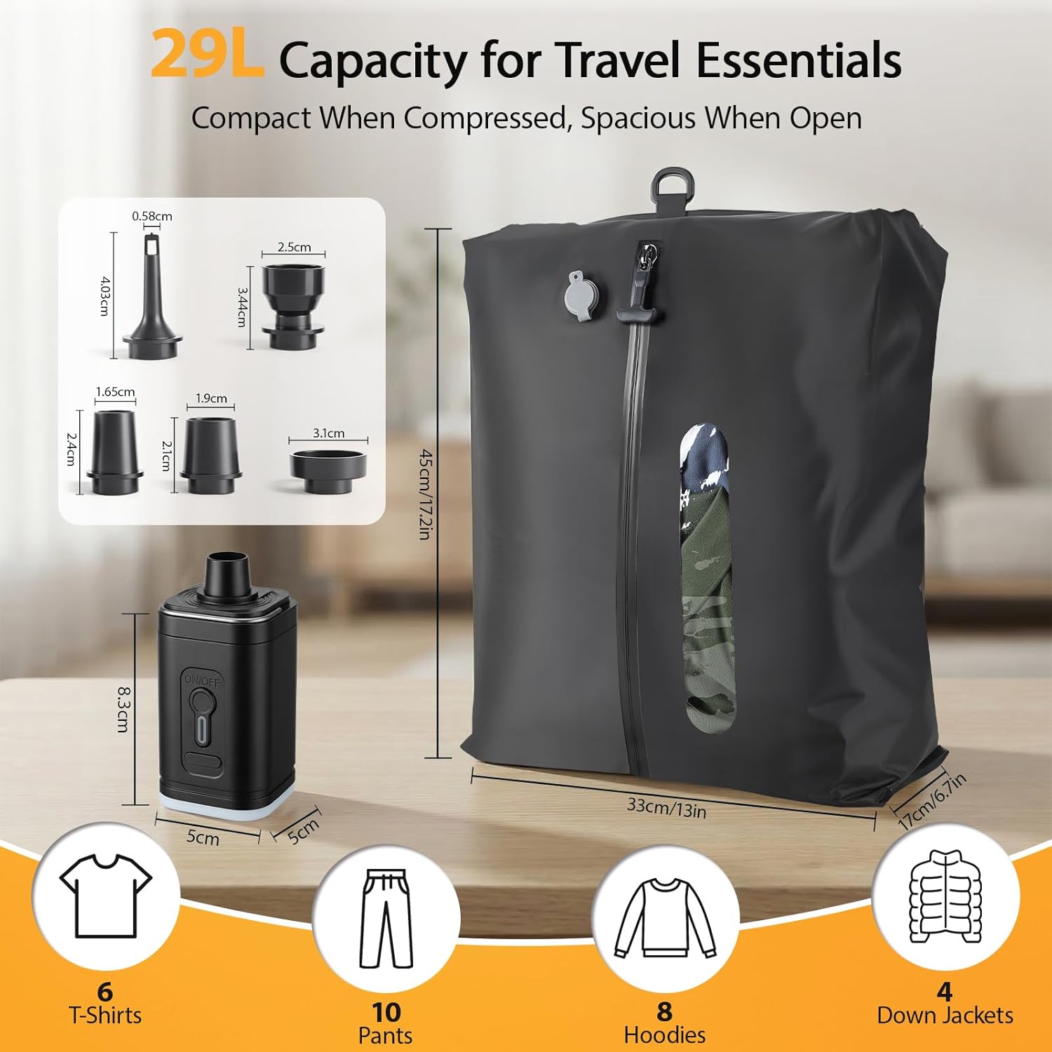 KXB Vacuum Seal Bags for Travel Luggage with Wireless Pump, 29L Compression Bags for Carry-On Suitcase & Travel Backpack, Reusable IP67 Waterproof Vacuum Storage Kit(2PC + PUMP)